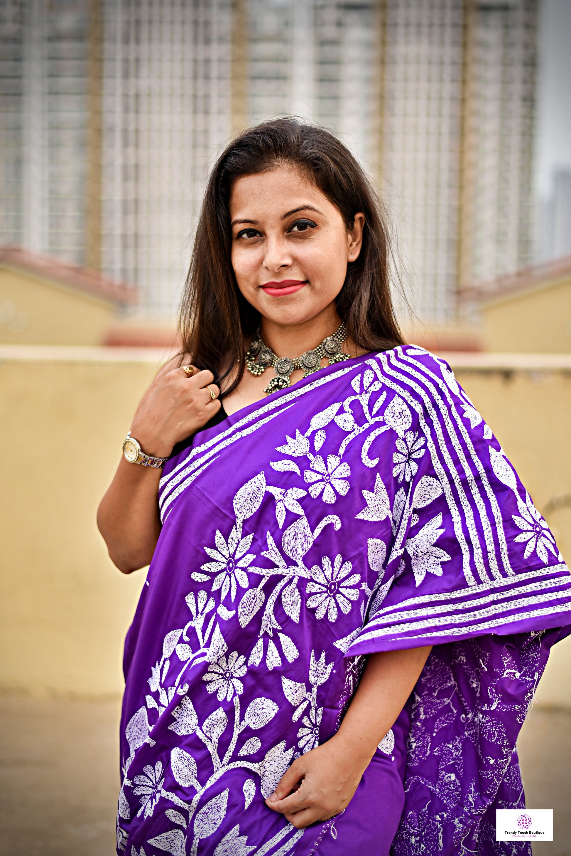 purple kantha hand embroidered designer silk saree purple and white thread fioral work for wedding functions and events best fabric best price