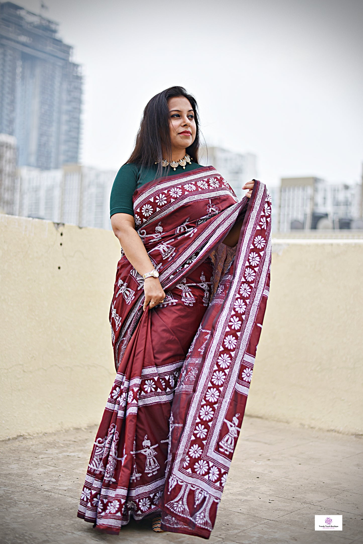 kantha handembroidered designer bangalore art silk chocolate brown with white thread palki motif marriage and wedding function special lightweight saree best fabric best price with blouse piece