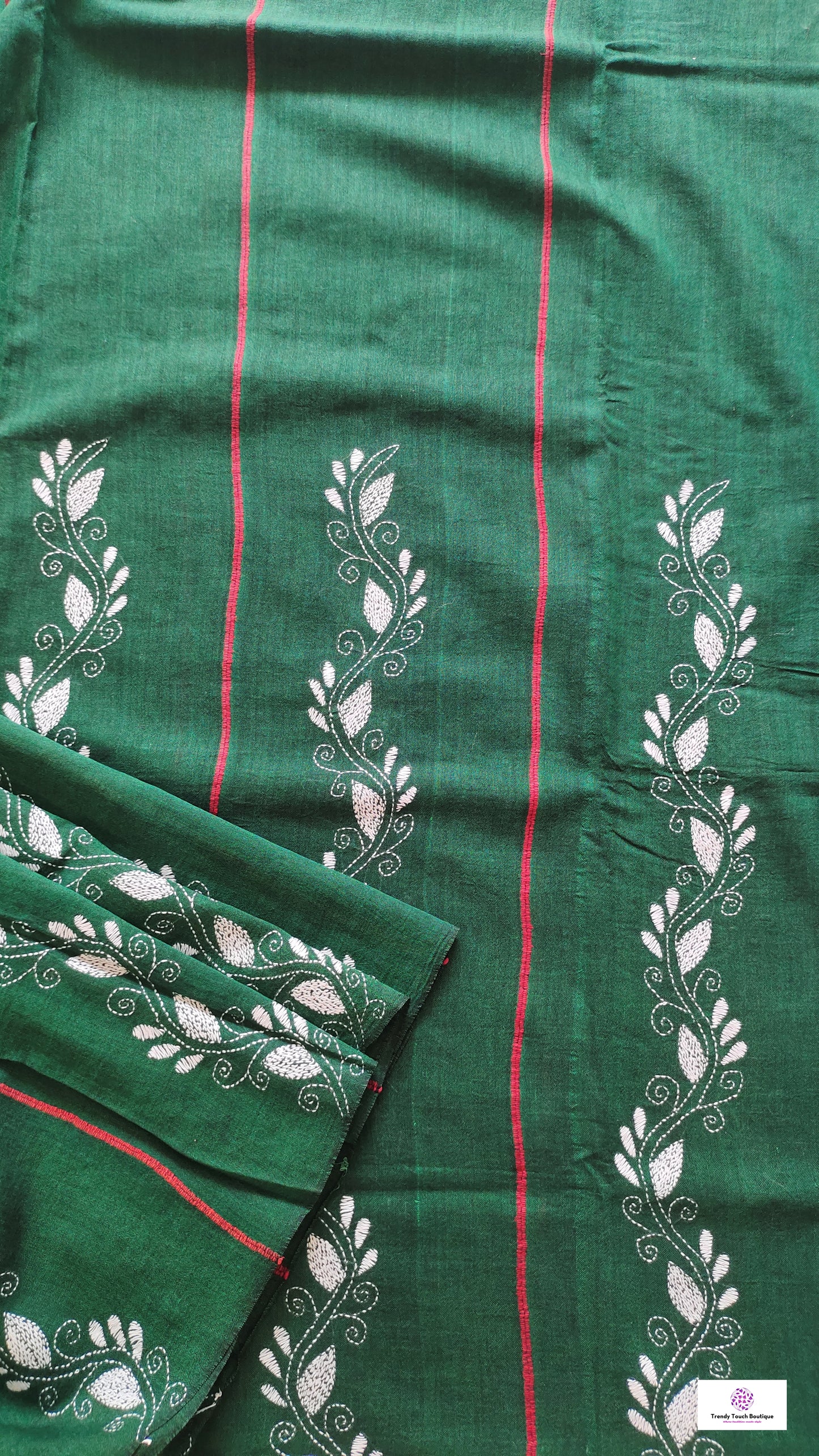 Bottle dark green and white kantha handembroidered designer khesh khadi cotton handloom saree best summer fabric with blouse piece best price wedding functions