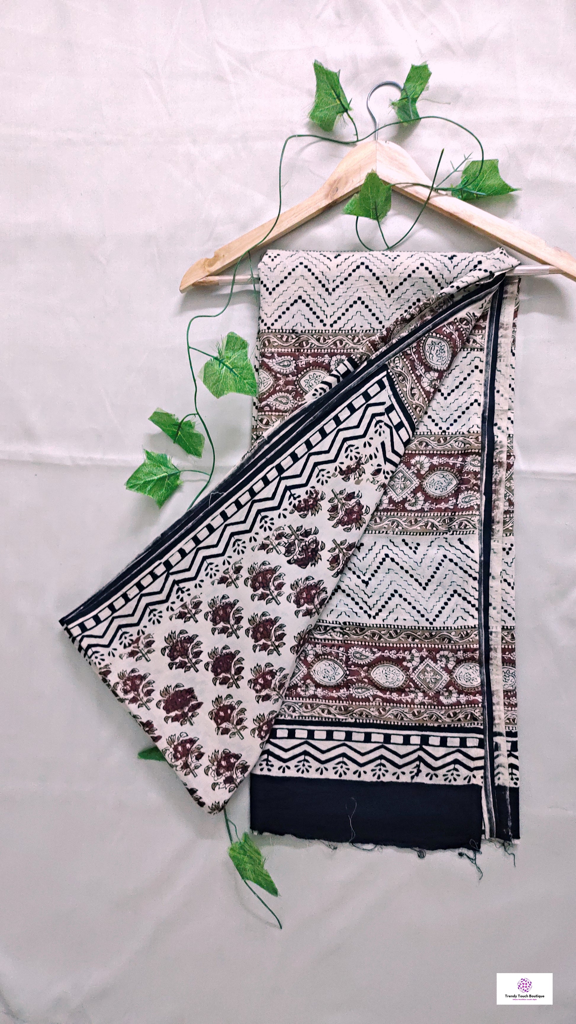 handblock printed mulcotton bagru pattern beige red black small prints best summer fabric for office and casual styling best price with blouse piece