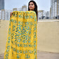 yellow hand emnbroidered designer bangalore art silk with green thread work lightweight wedding function saree events with blouse piece and best price