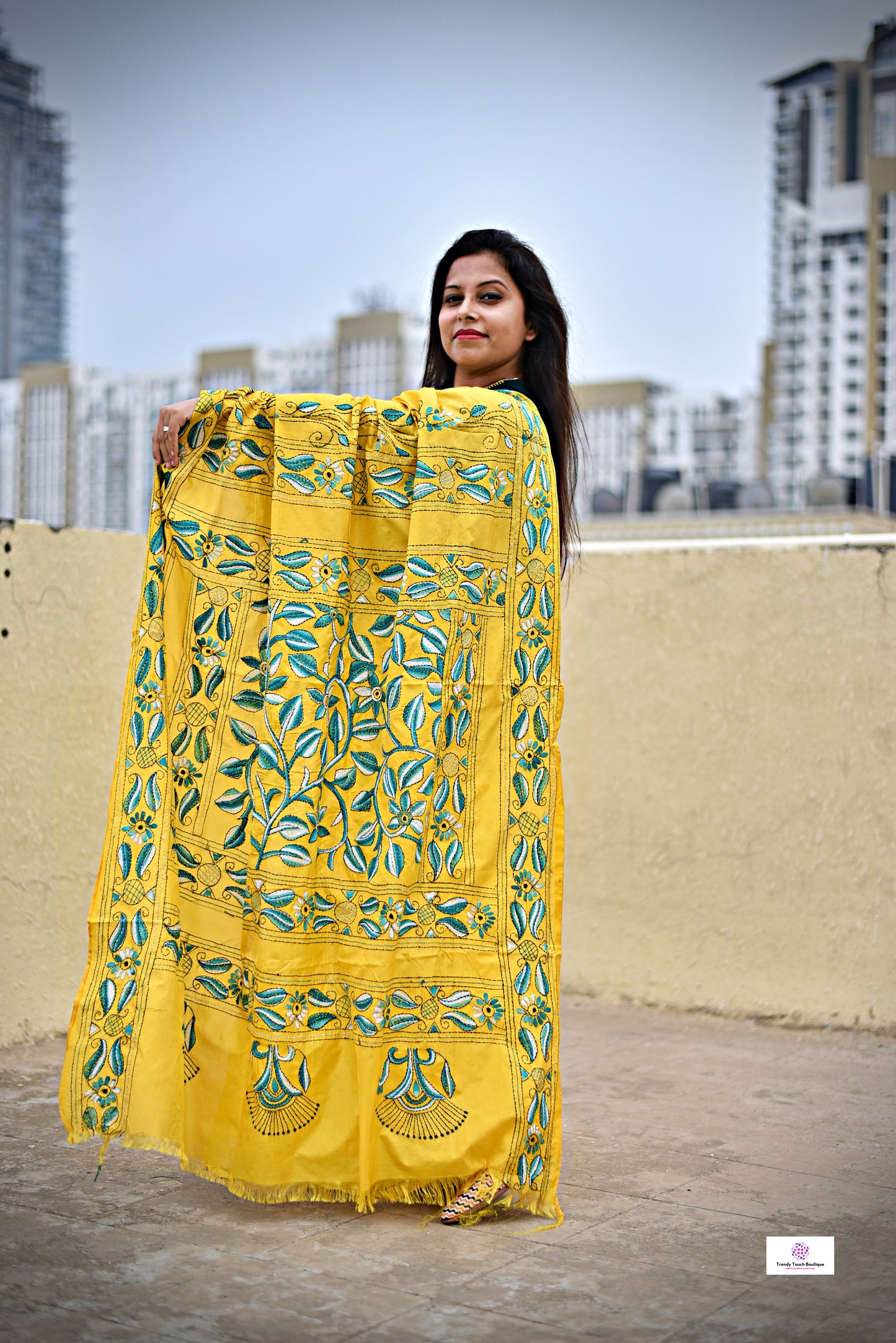 yellow hand emnbroidered designer bangalore art silk with green thread work lightweight wedding function saree events with blouse piece and best price