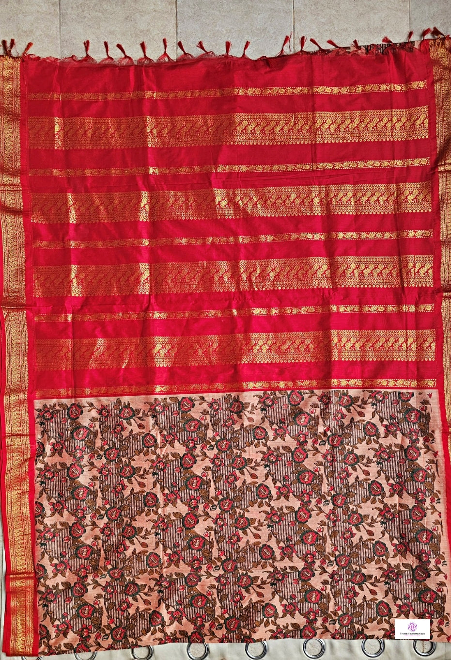 kalyani cotton gadwal kalamkari print  zari border red peach saree lightweight for office and special function with blouse piece best price