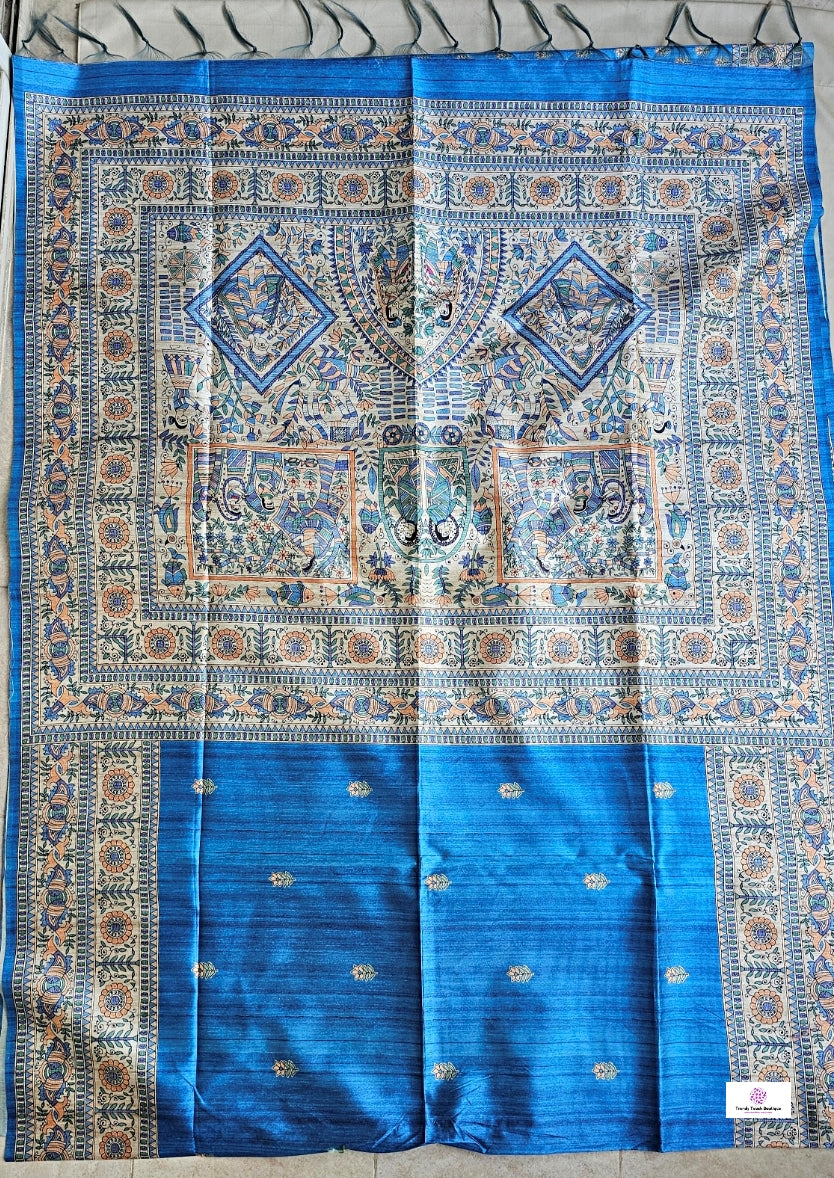 semi ghicha silk blue madhubani digital print saree for regular wear and casual function office for women with blouse piece and best price