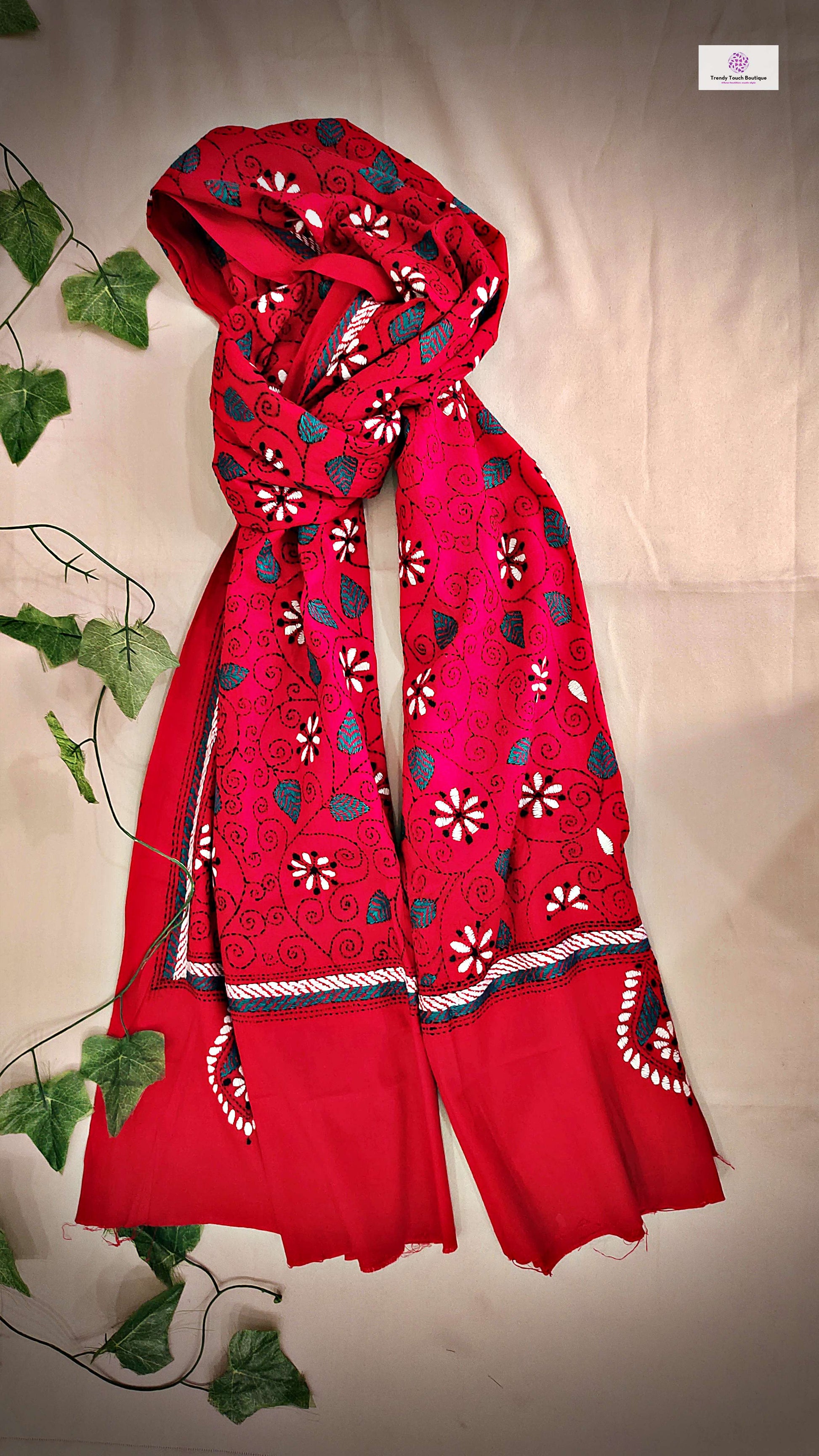 kantha handembroidered pure cotton designer statement dupatta for kurti styling in summer Holi sale best price red floral handcrafted