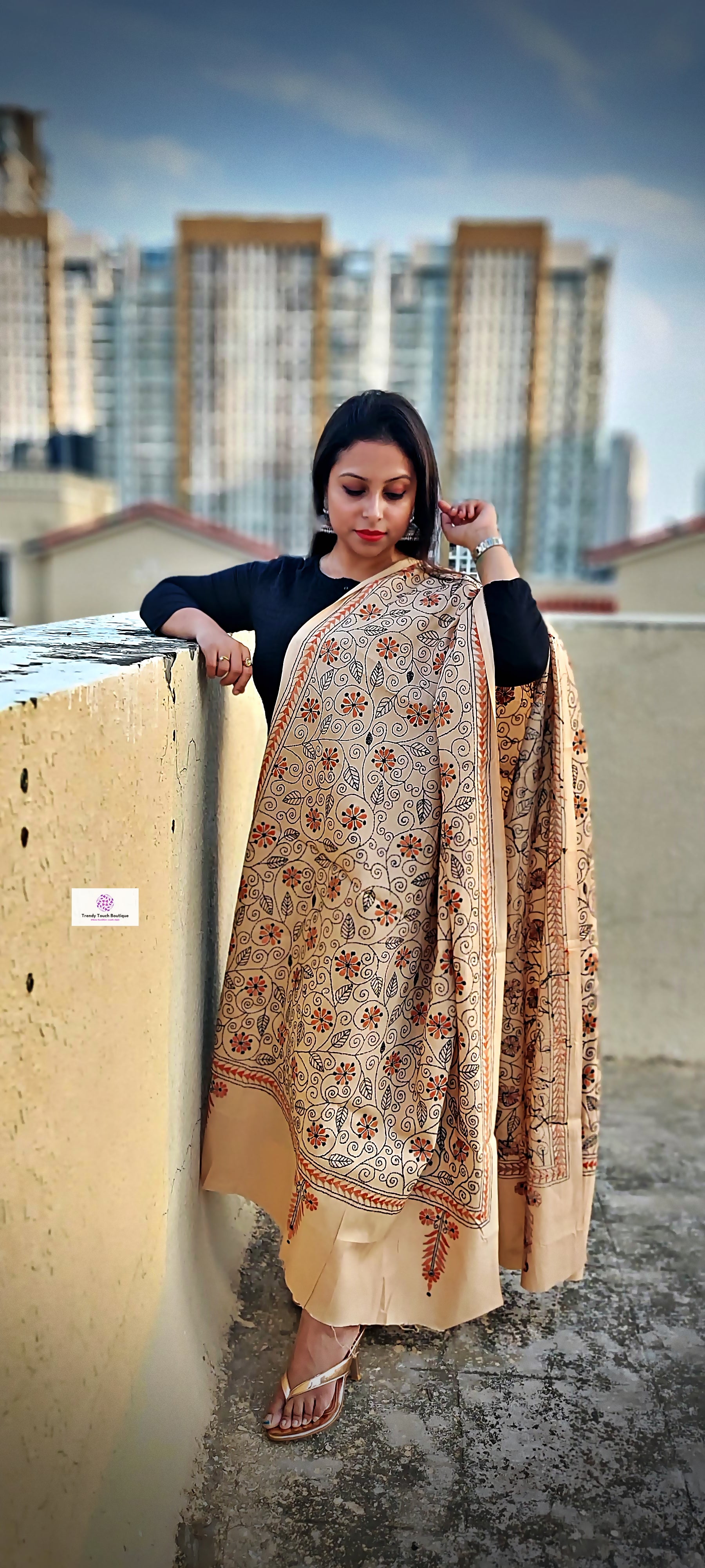 kantha handembroidered pure cotton designer statement dupatta for kurti styling in summer Holi sale best price beige orange black floral handcrafted