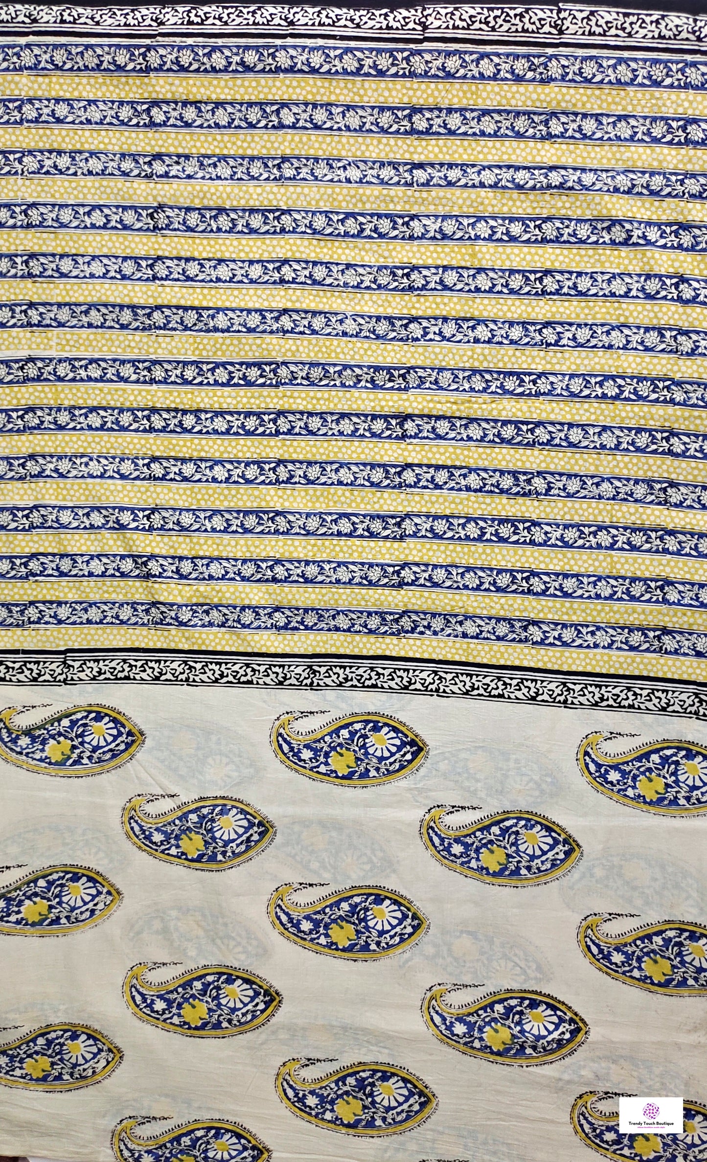 handblockprinted mulcotton in beige base with blue, yellow and black for office and casual styling summer best fabric saree with blouse piece and best price