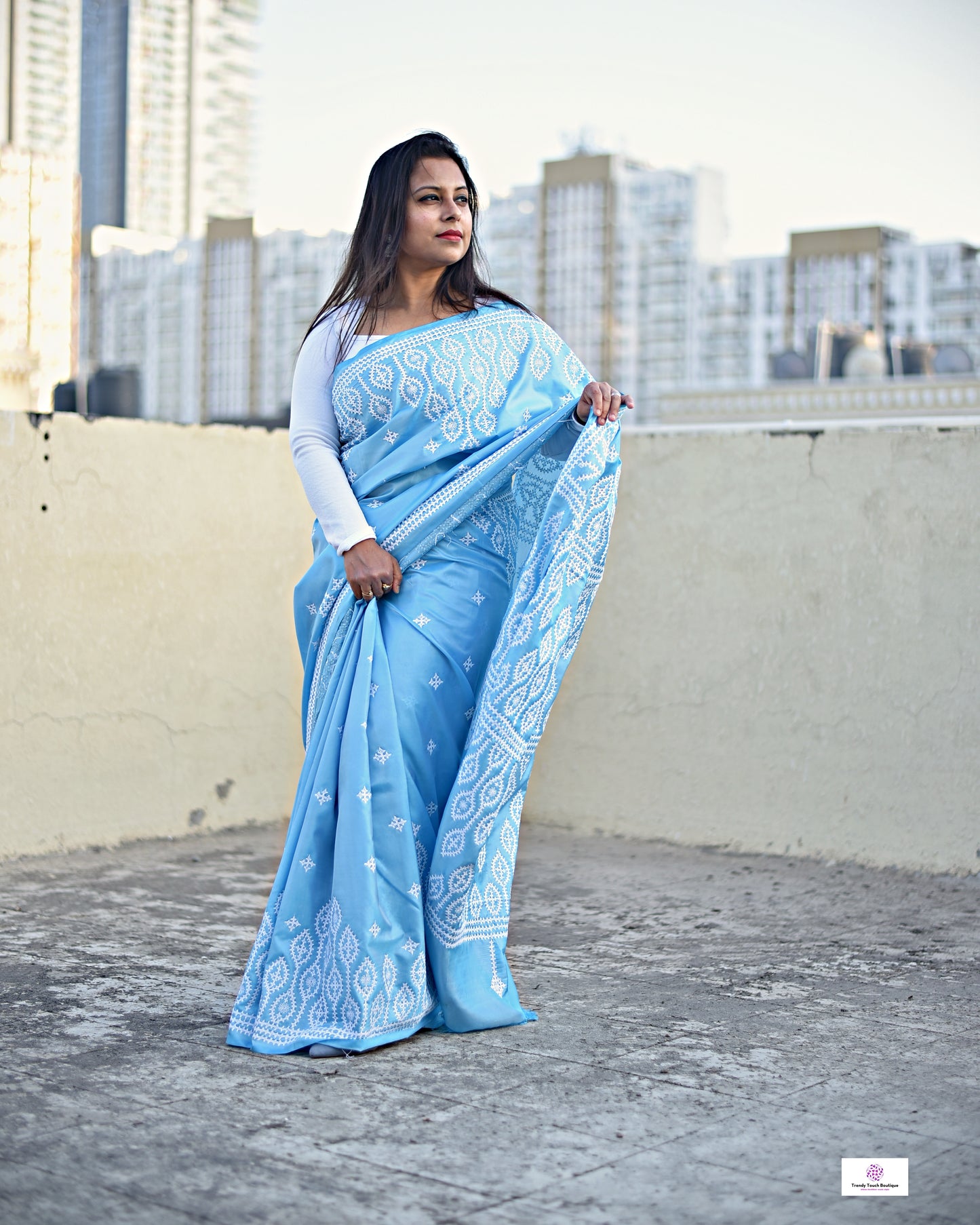 kutch or gujarati stitch sky blue designer blended bangalore silk saree with white threadwork for wedding, marriage, special celebration or anniversary with blouse piece in best price