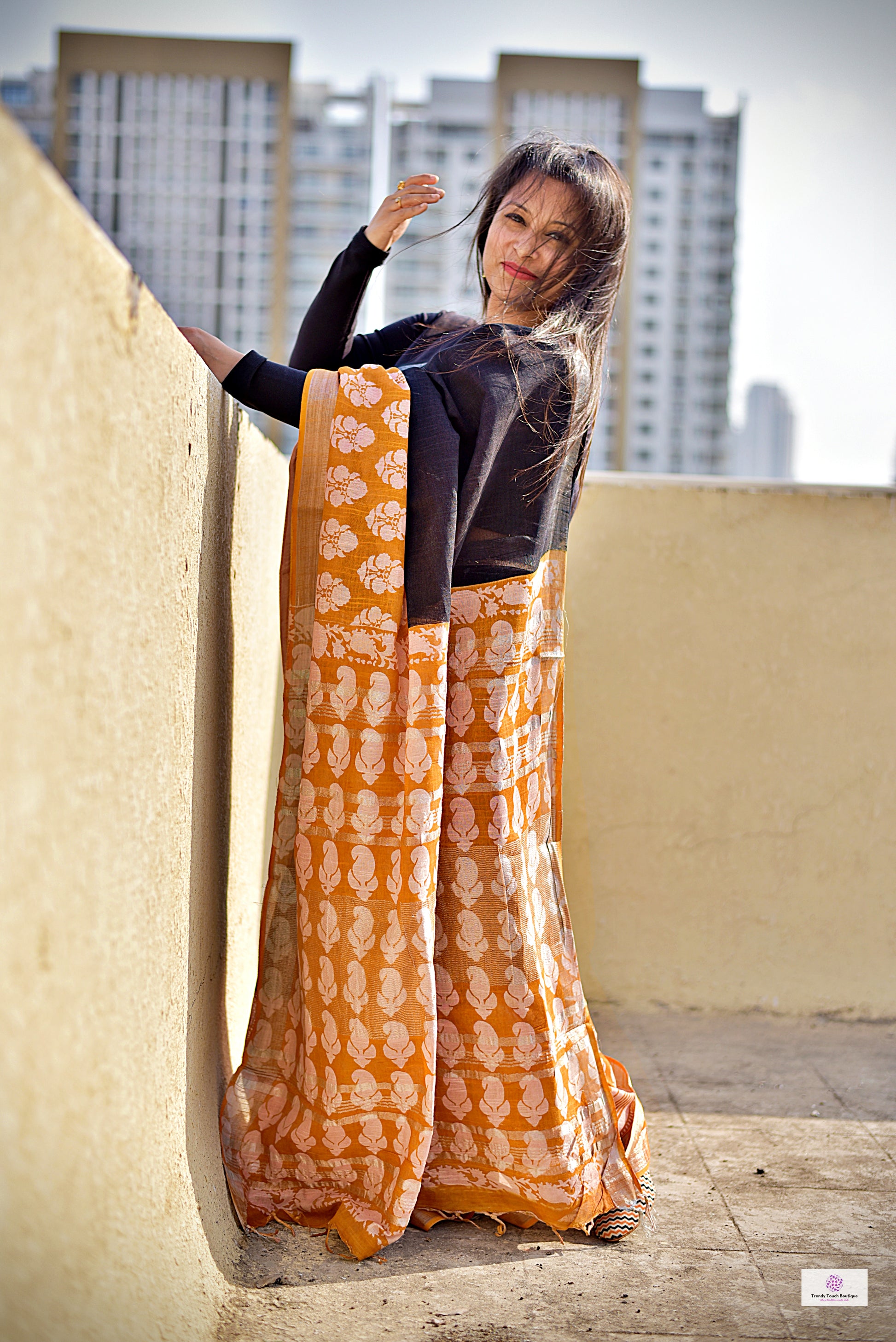 Orange Black Handblock print linen saree organic dye best summer fabric best price casual and formal saree 