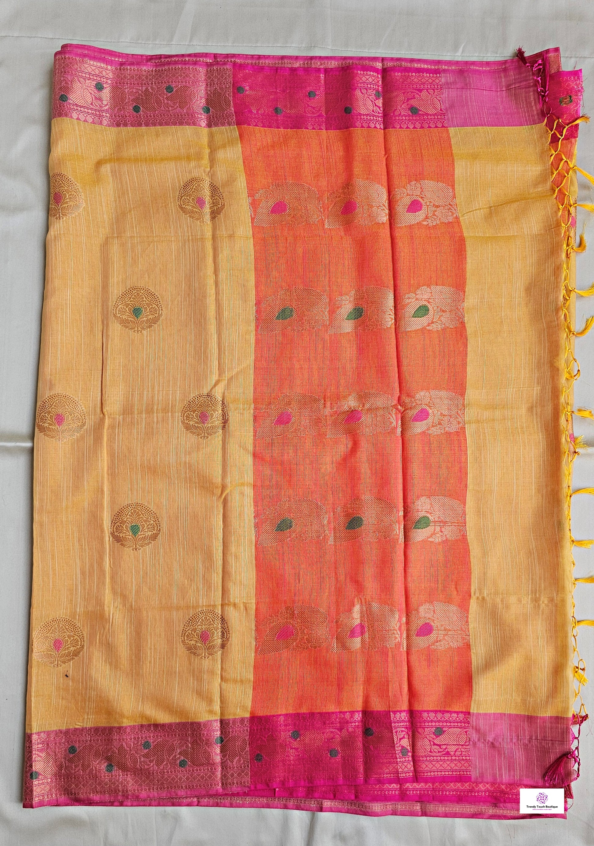 Muga cotton banarasi soft and lightweight puja and special ocassion casual wear saree yellow and pink with blouse piece best price