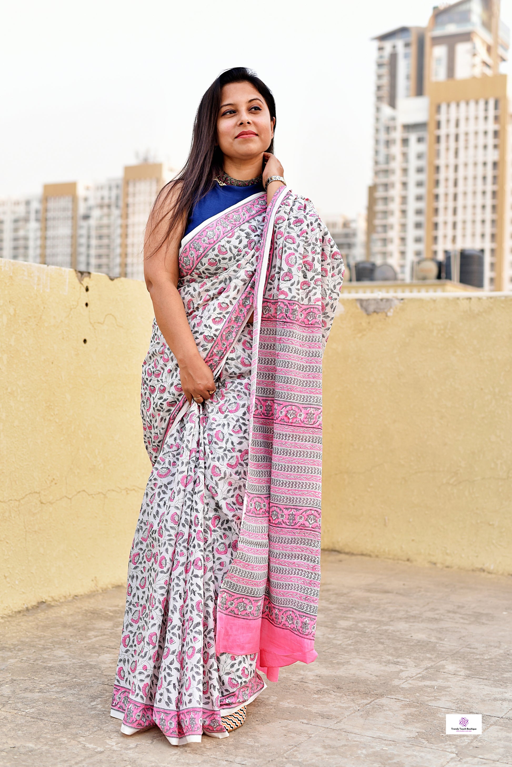 pink white green handblockprint mulcotton saree best summer fabric for office and casual styling with blouse piece best price