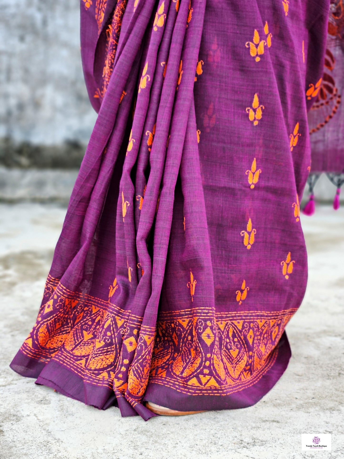 kantha handembroidered designer mulcotton sareeMmagenta purple orange office corporate events and family functions and ceremonies best summer fabric best price marriage wedding ceremonies functions saree