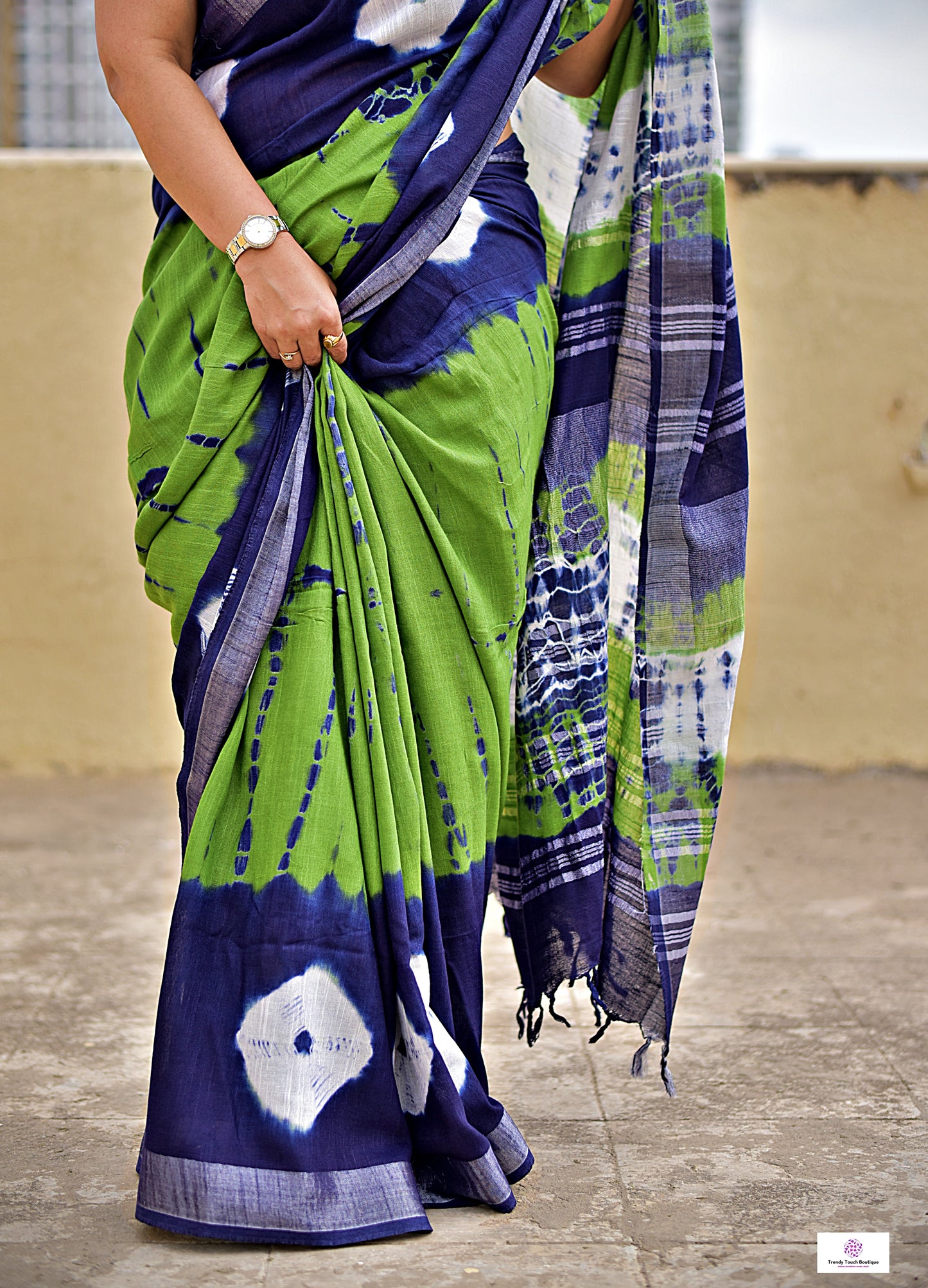 PAKHI - HANDBLOCK SHIBORI TIE & DYE  - LINEN SAREE