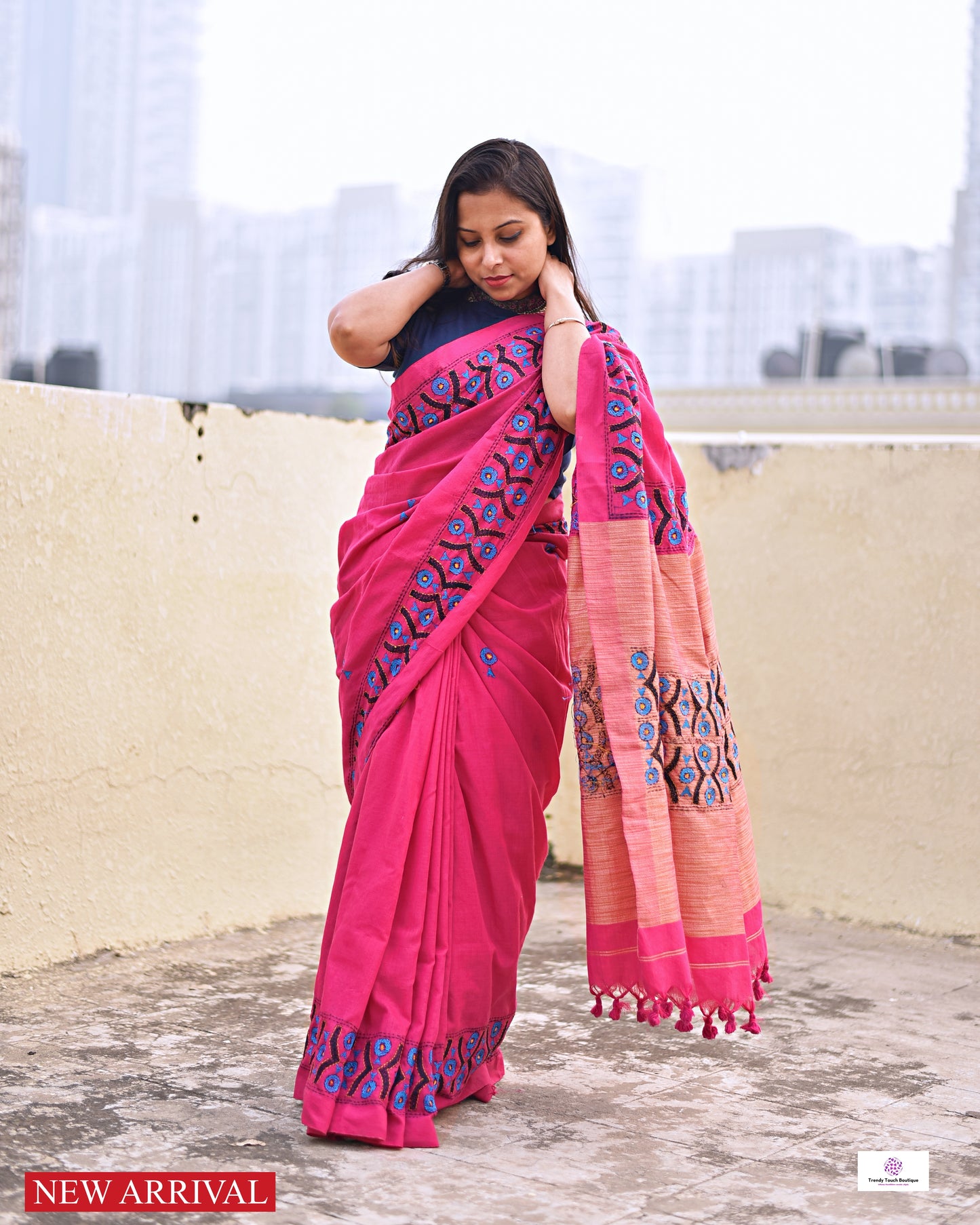 Kantha handembroidered designer cotton handloom saree pink with blue black thread office wear and casual outing special events with blouse piece best price