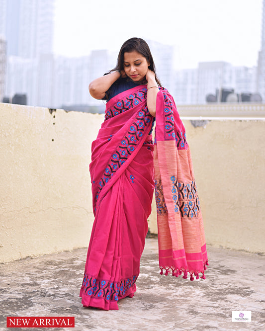 Kantha handembroidered designer khadi cotton handloom saree pink with blue black thread office wear and casual outing special events with blouse piece best price