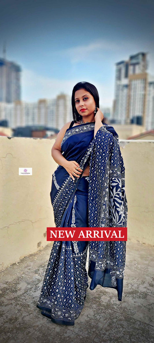 Kantha Stitch Work hand embroidered Midnight Blue Designer Soft Blended Bangalore Silk Saree best price new design festive fashion wedding party wear marriage function special occasion with blouse piece