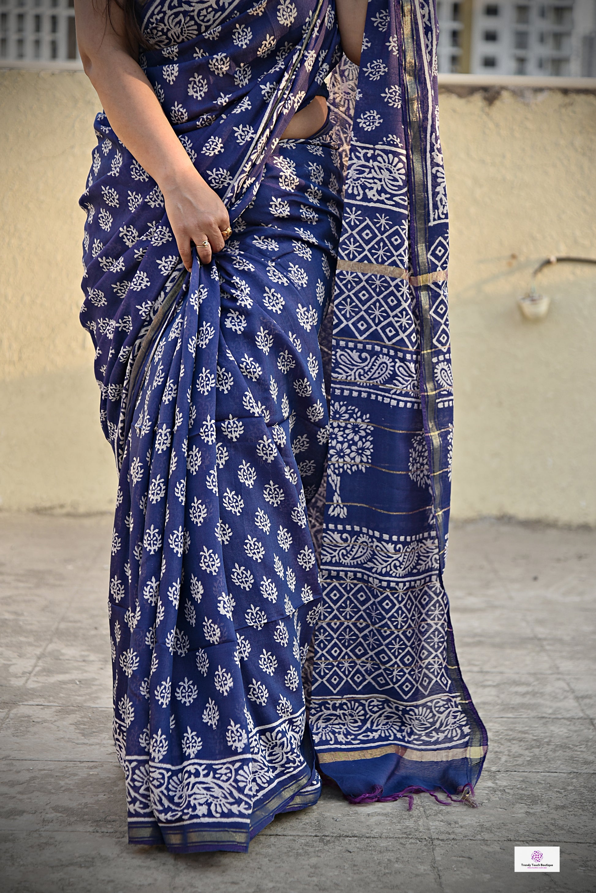 chanderi silk blue saree office wear casual workwear summer saree handblock print mini buta