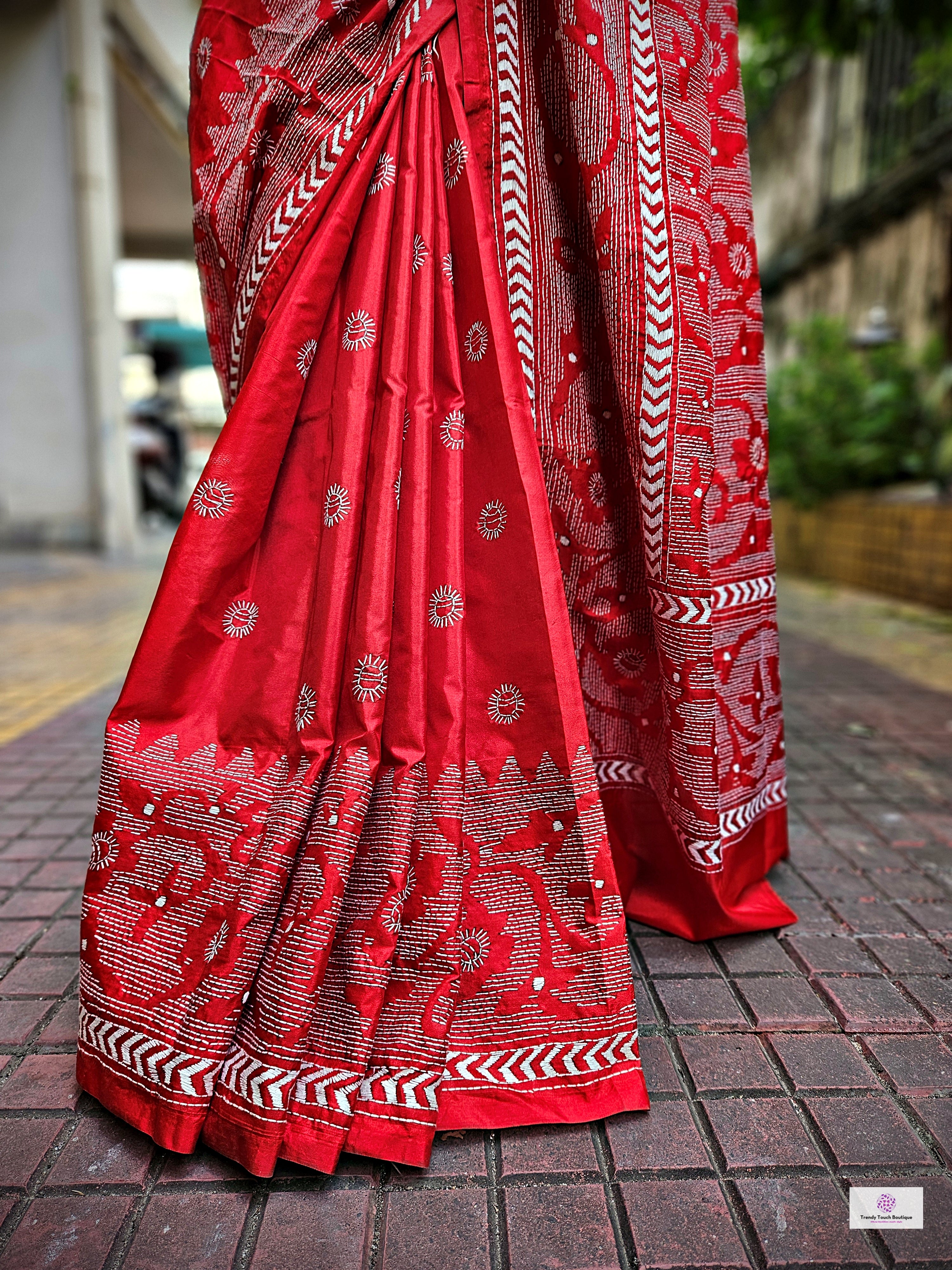 Buy Handloom Kantha Stitch Saree | Red Saree | Red | RSKS_10050 at Amazon.in