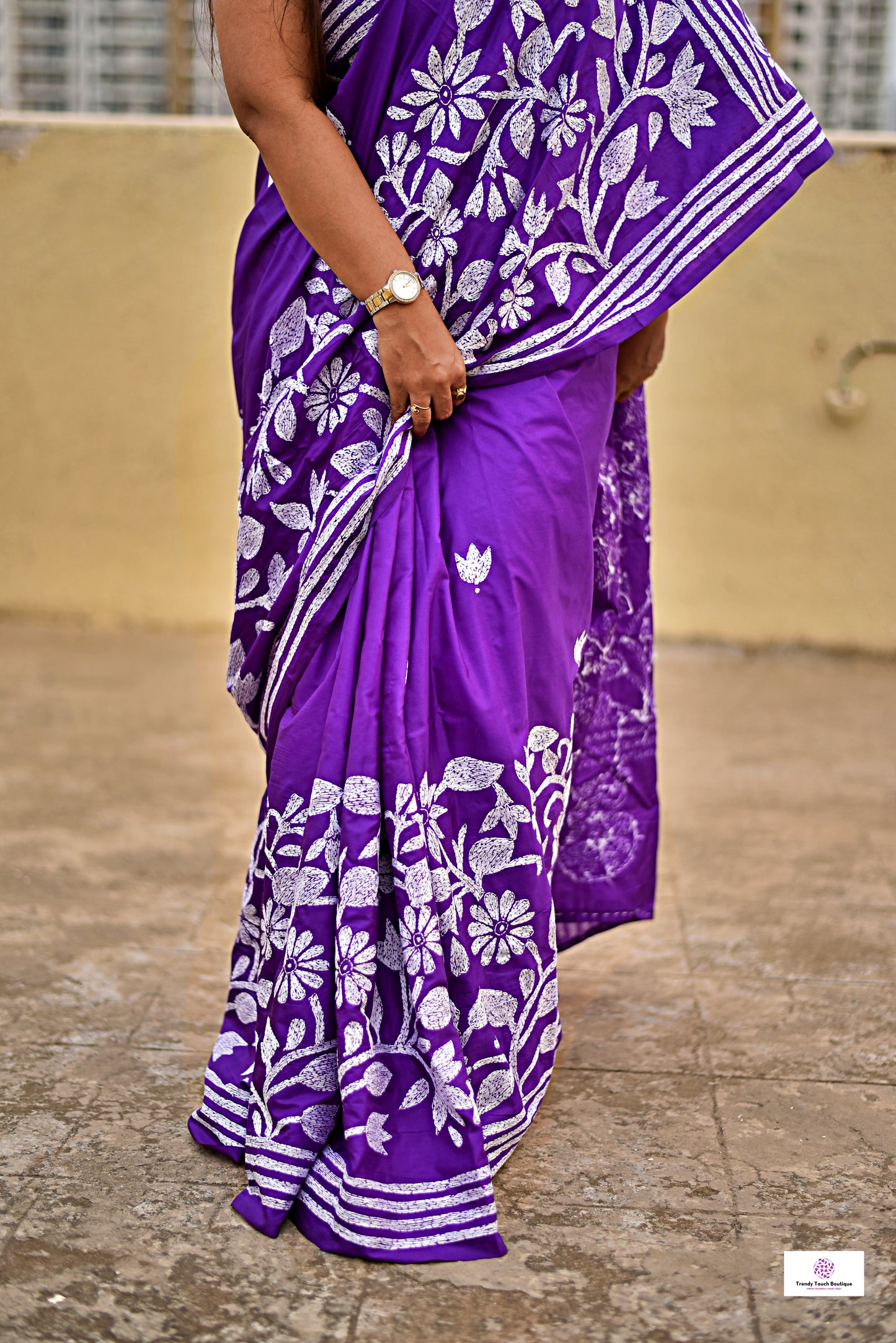 purple kantha hand embroidered designer silk saree purple and white thread fioral work for wedding functions and events best fabric best price