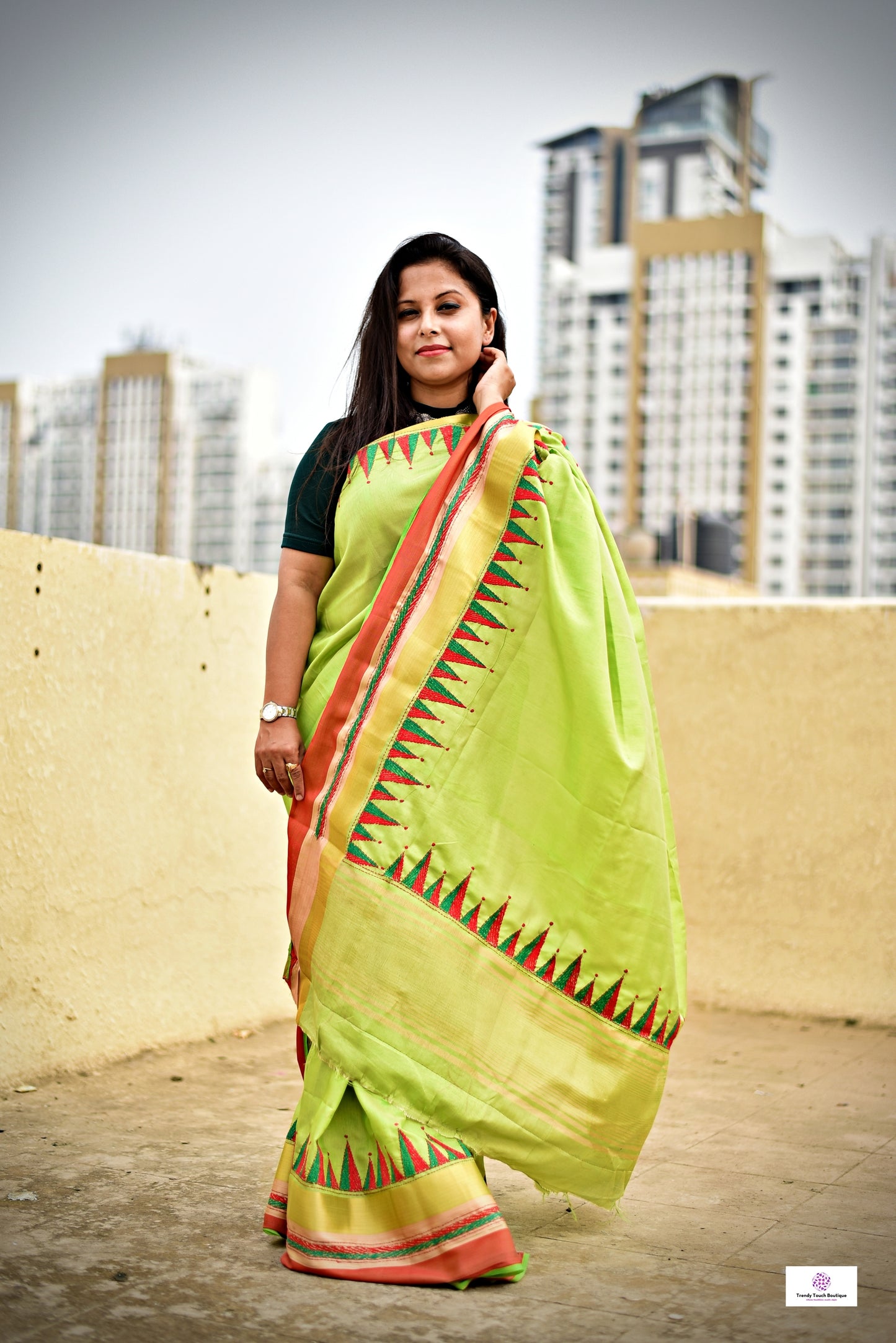 kantha handembroidered temple border on green red and golden bordered parrot green kataan silk saree best for summer wedding celebrations and speical functions with blouse piece best price