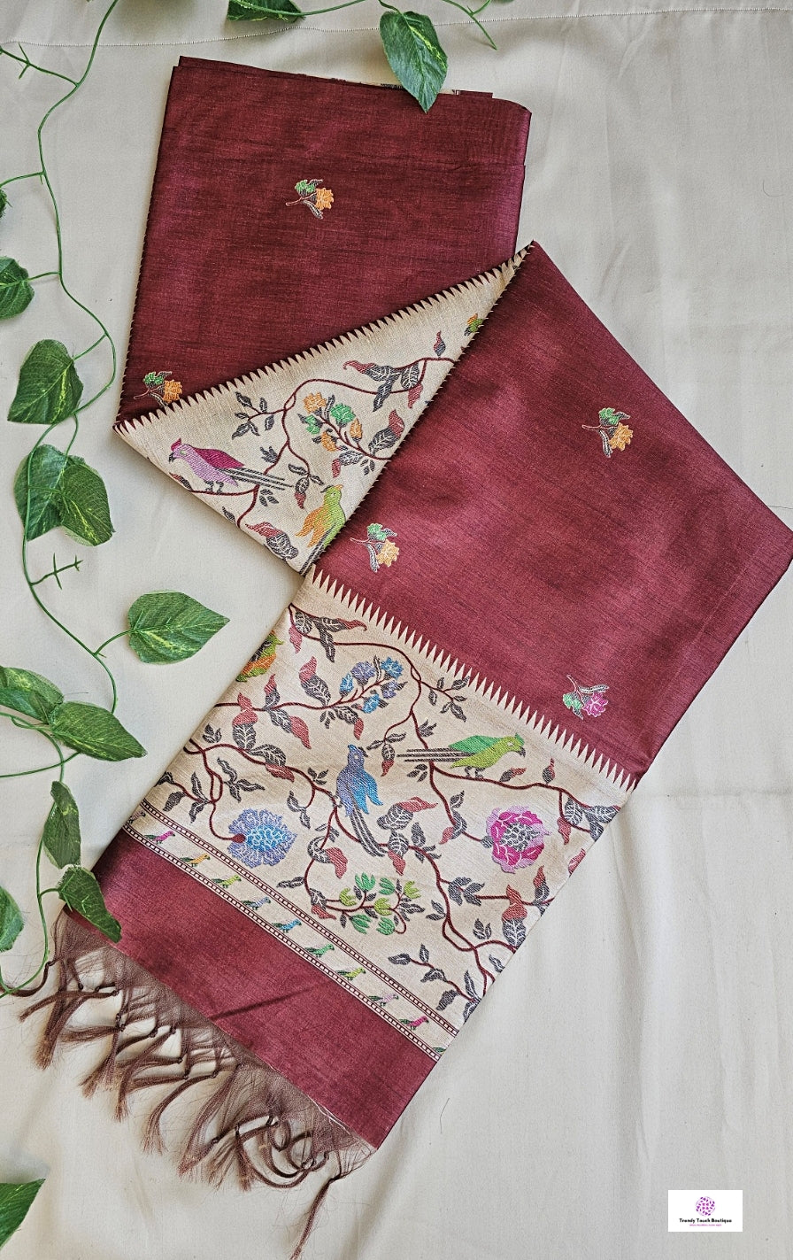 Maroon semi tussar silk aaree paithani pattern digital print for regular wear and casual function office for women with blouse piece and best price