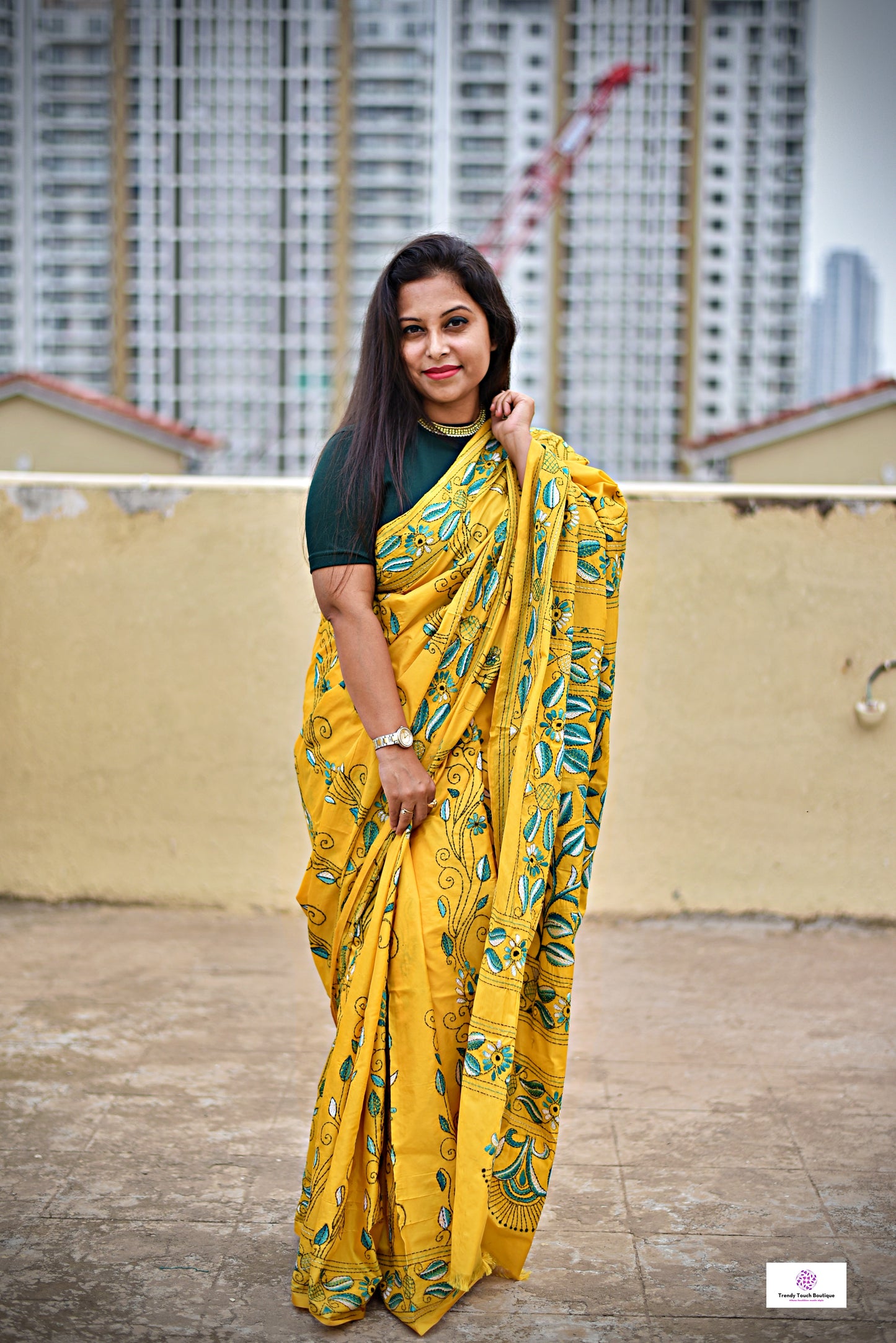 yellow hand emnbroidered designer bangalore art silk with green thread work lightweight wedding function saree events with blouse piece and best price