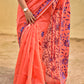 kantha handembroidered peach and blue cotton silk saree for office and summer celebration styling with blouse piece best price