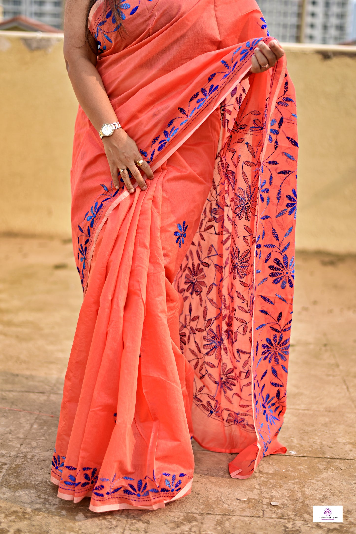 kantha handembroidered peach and blue cotton silk saree for office and summer celebration styling with blouse piece best price