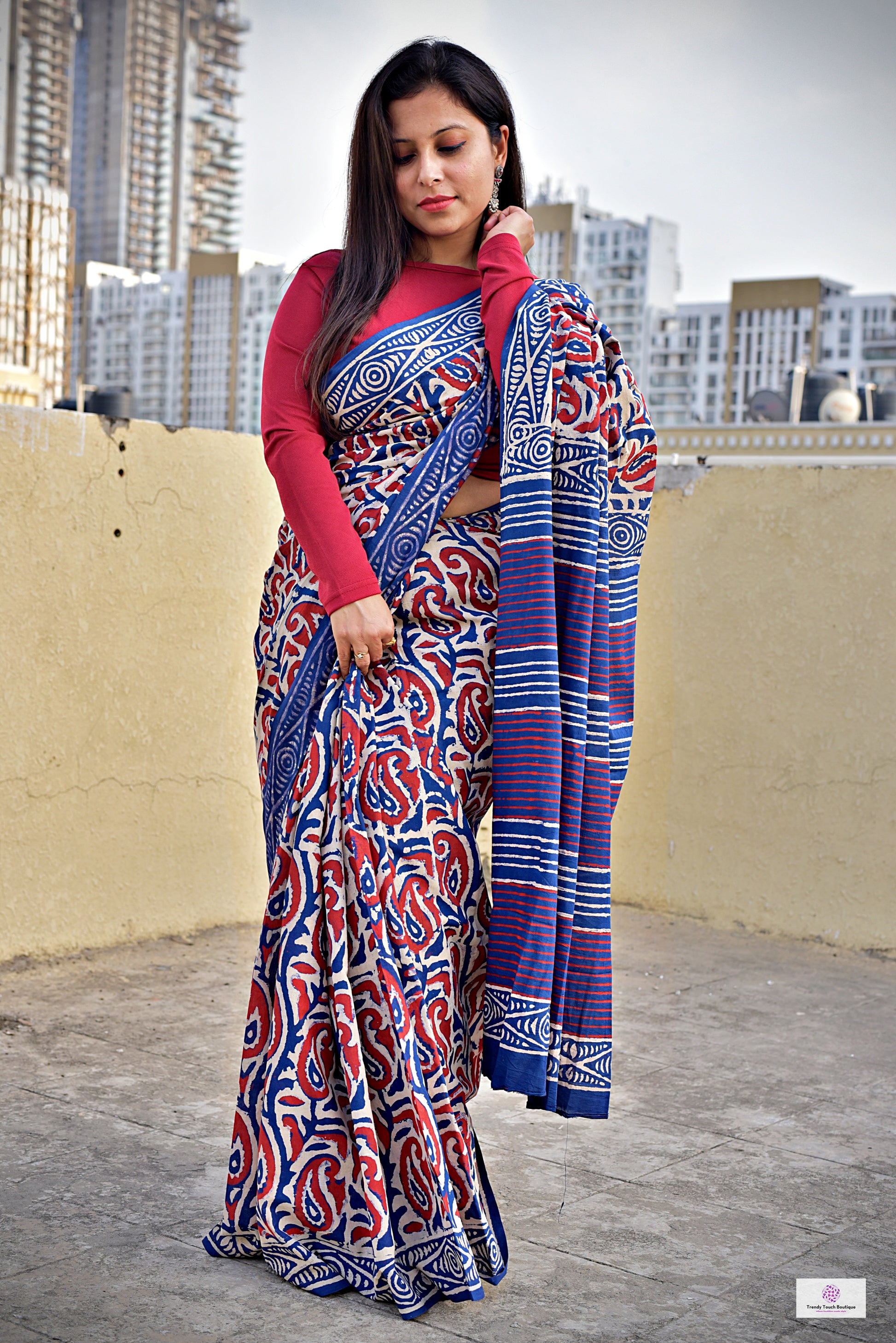 handblock print best summer fabric mulcotton saree office wear and lightweight summer sarees best price red and blue for teachers and corporate women