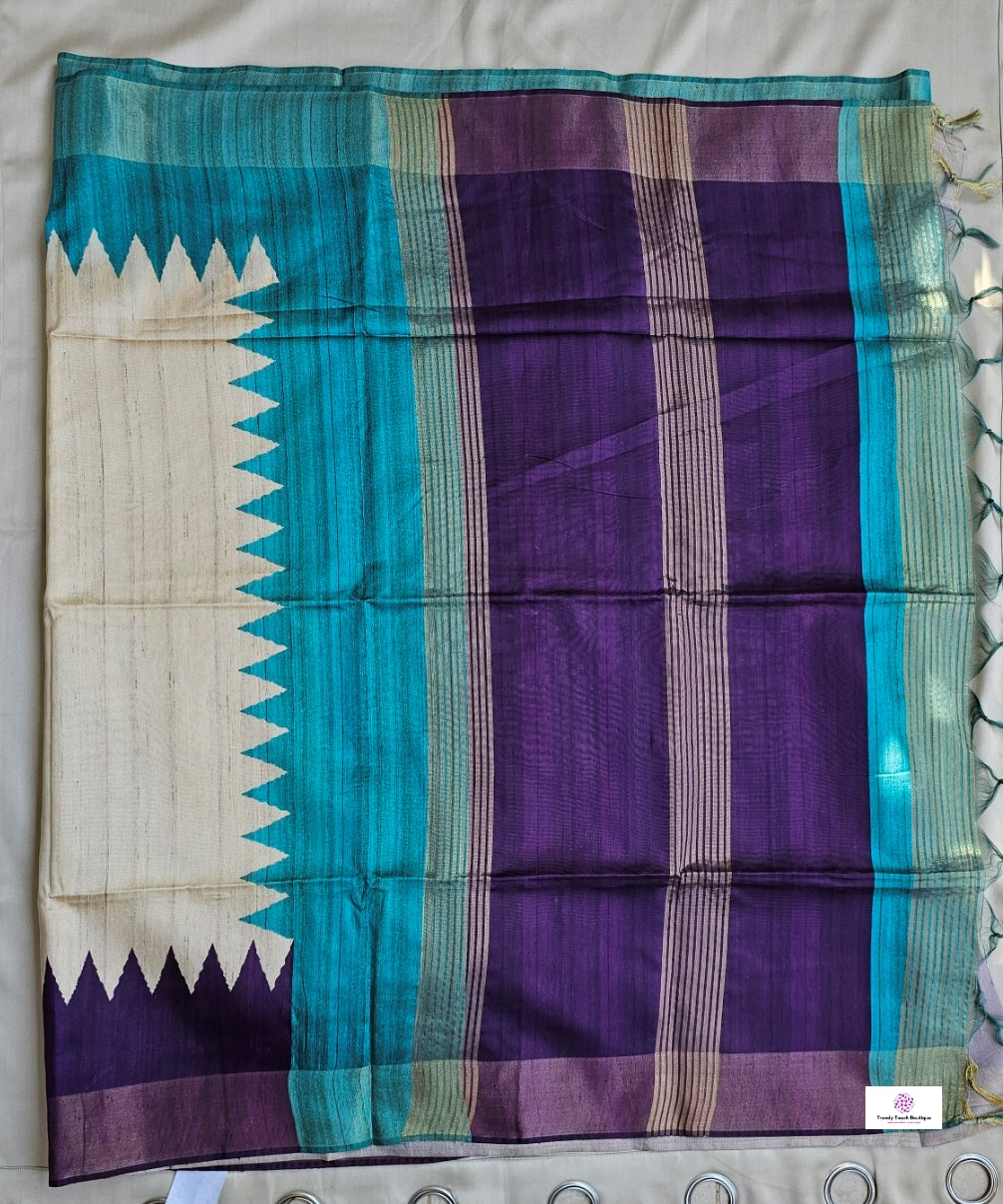 TRINA - GANGA-JAMUNA BORDER - SEMI GHICHA SILK (TEAL GREEN & PURPLE)