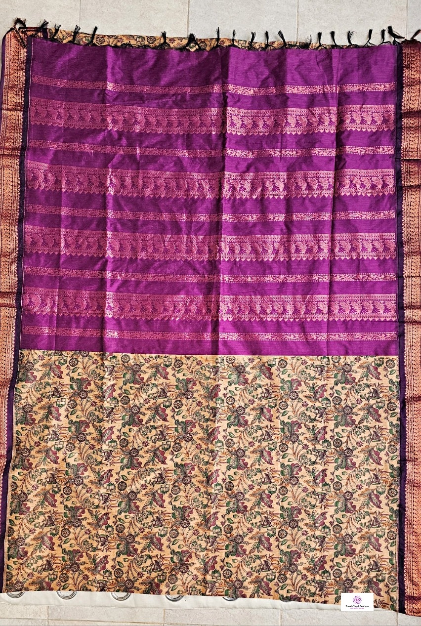 kalyani cotton gadwal kalamkari print peach magenta saree lightweight for office and special function with blouse piece best price