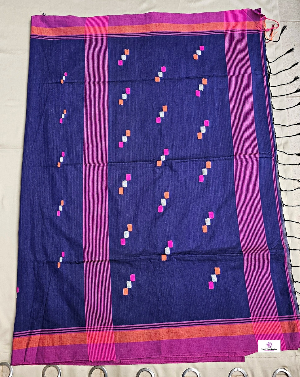 blue bengal cotton handloom saree lightweight summer wear saree fabric with blouse piece best price for office and casual wear