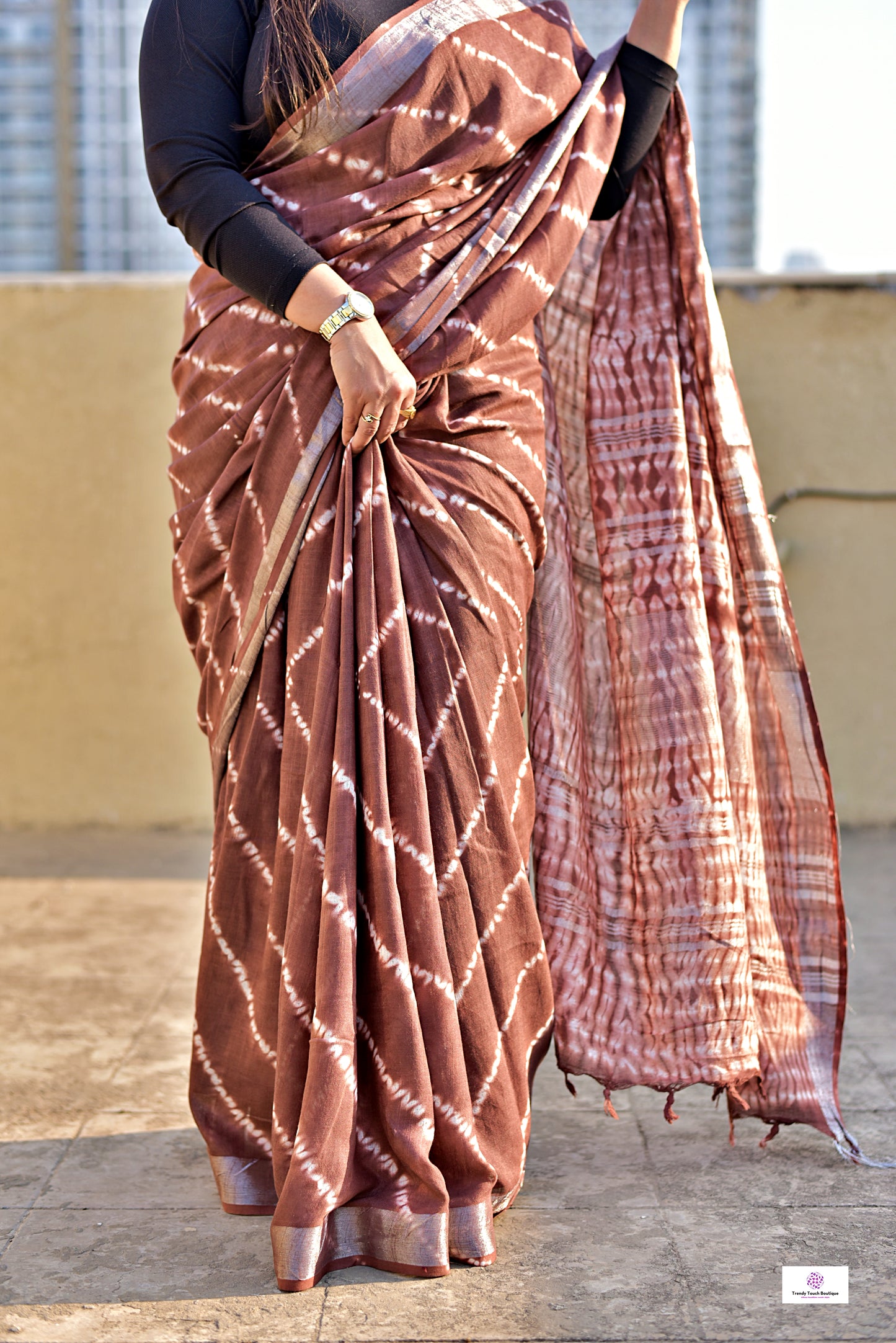 Chocolate Brown Organic Linen Saree Handblock print in natural dye green soft best summer saree for office and casual outing best price with blouse piece