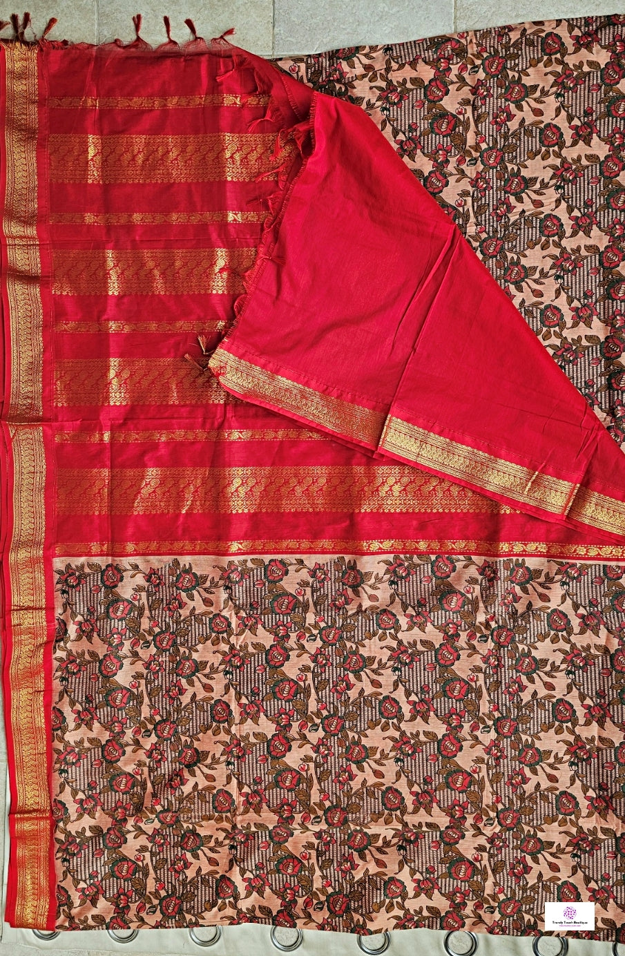 kalyani cotton gadwal kalamkari print  zari border red peach saree lightweight for office and special function with blouse piece best price