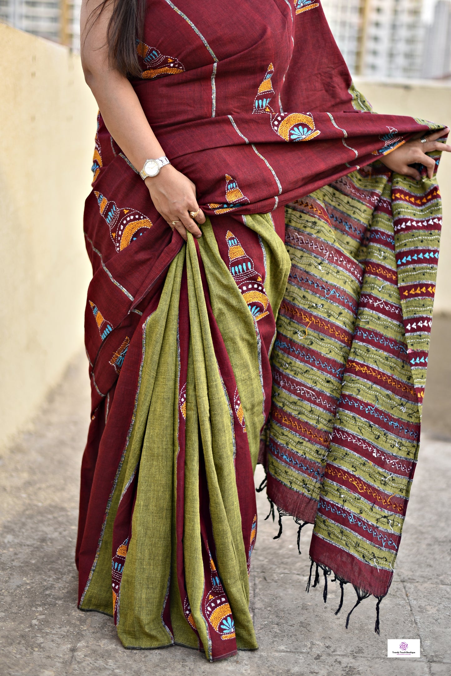 kantha handembroidered khesh khadi cotton saree best summer fabric maroon green saree office and wedding casual best price online