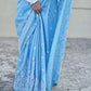 kutch or gujarati stitch sky blue designer blended bangalore silk saree with white threadwork for wedding, marriage, special celebration or anniversary with blouse piece in best price