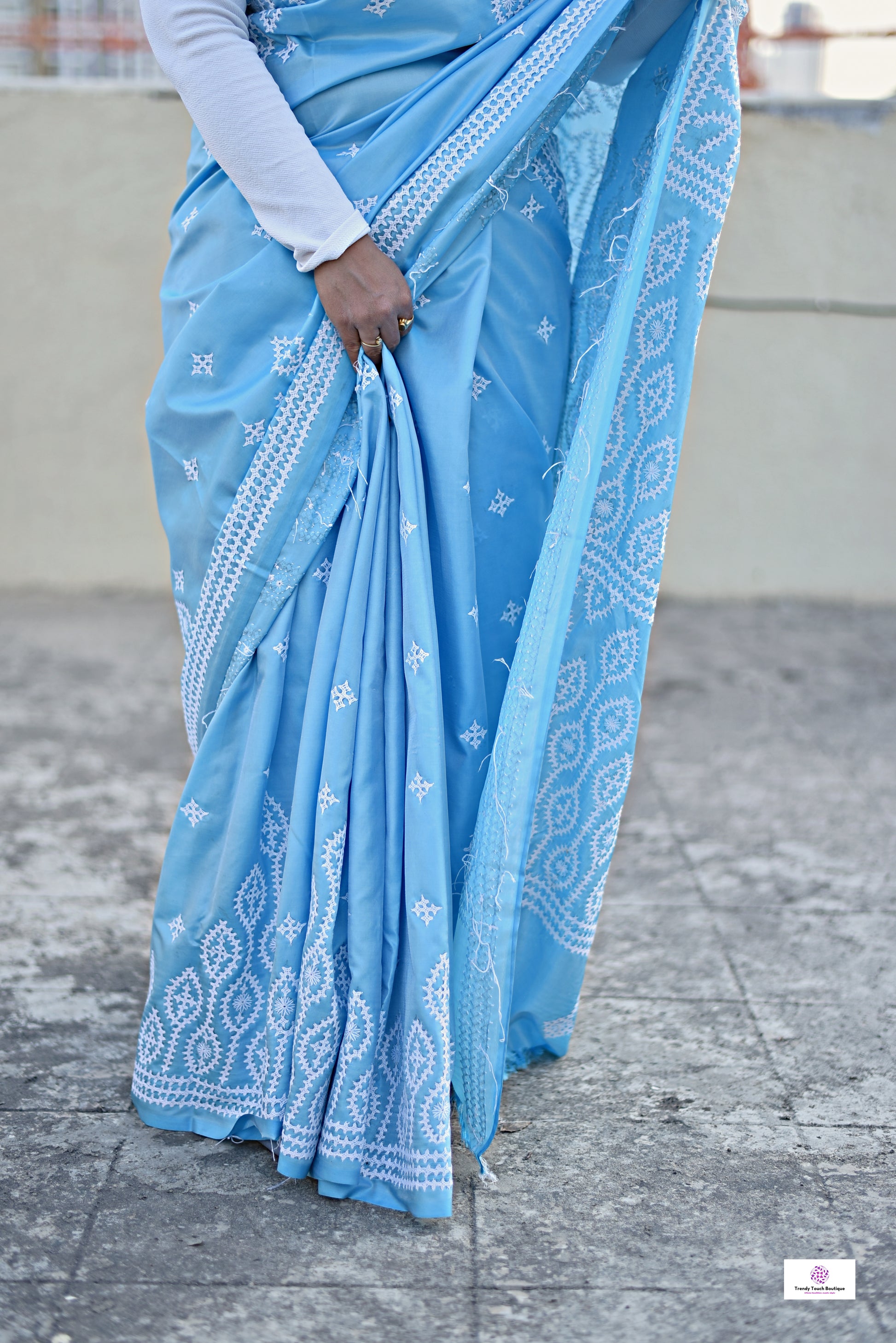 kutch or gujarati stitch sky blue designer blended bangalore silk saree with white threadwork for wedding, marriage, special celebration or anniversary with blouse piece in best price