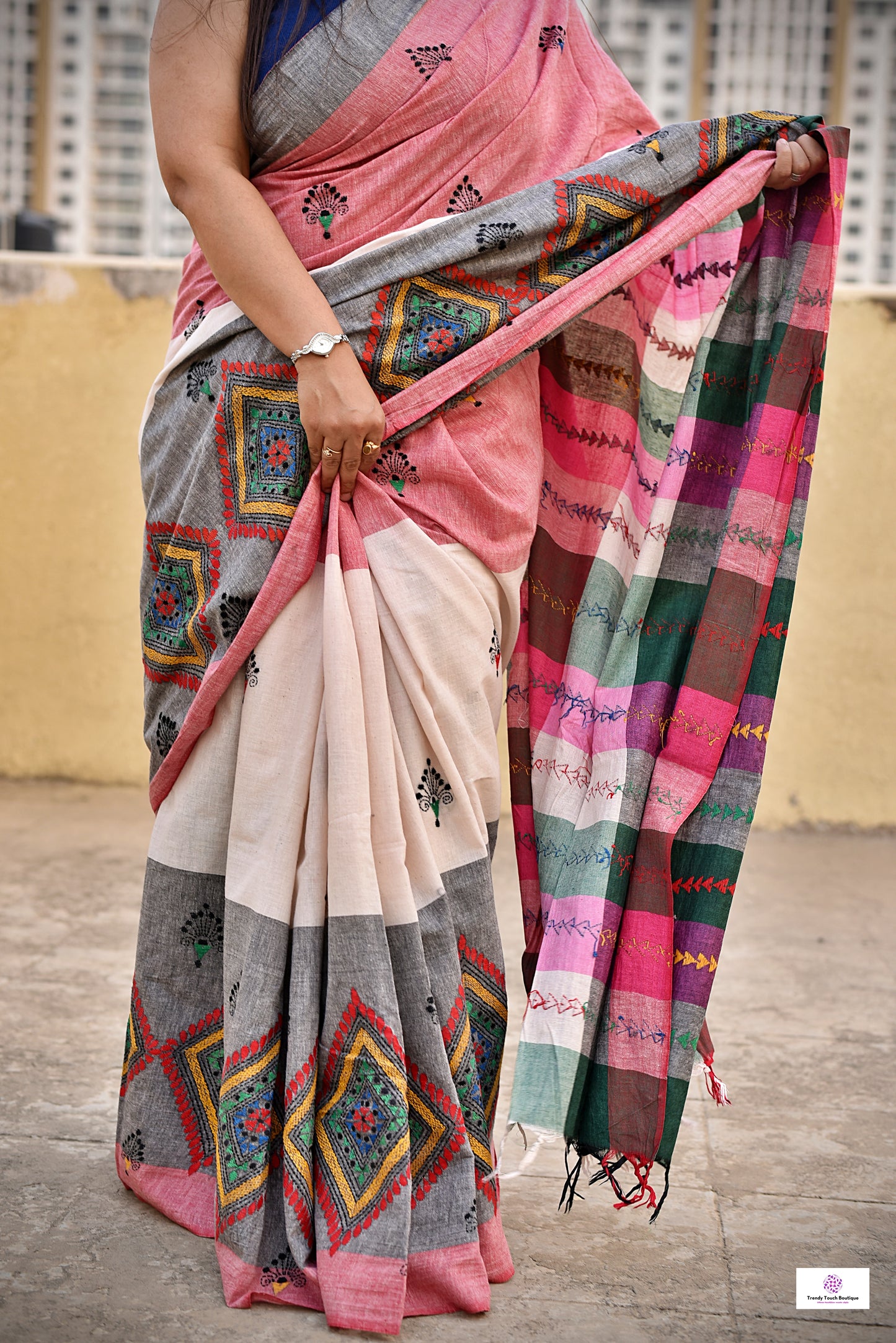 kantha handembroidered designer khadi handloom saree pink green grey yellow best summer fabric for office and casual family functions with blouse piece best price