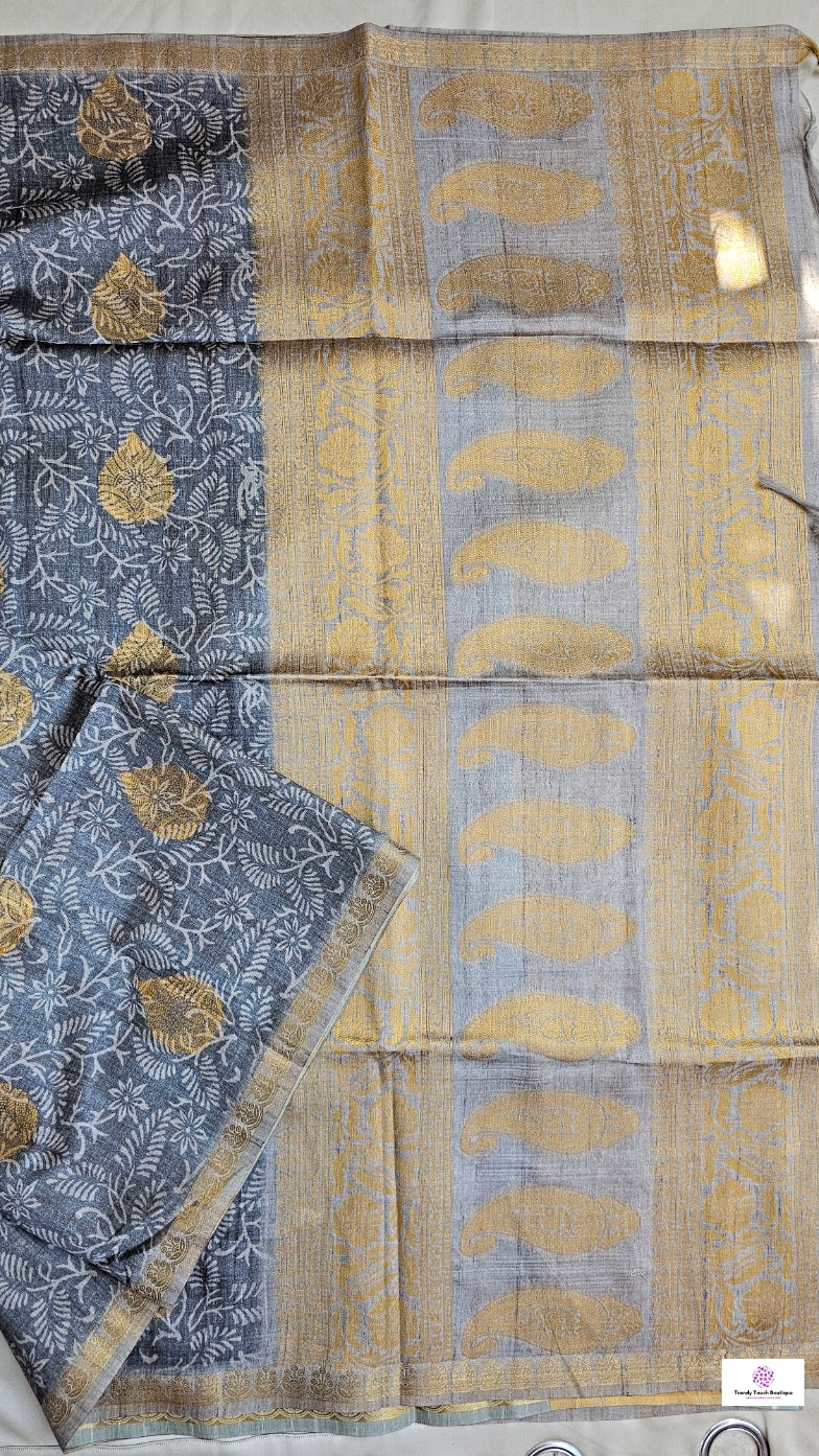 GREY LEAF - LEAF PRINT - SEMI TUSSAR SILK SAREE (GREY)