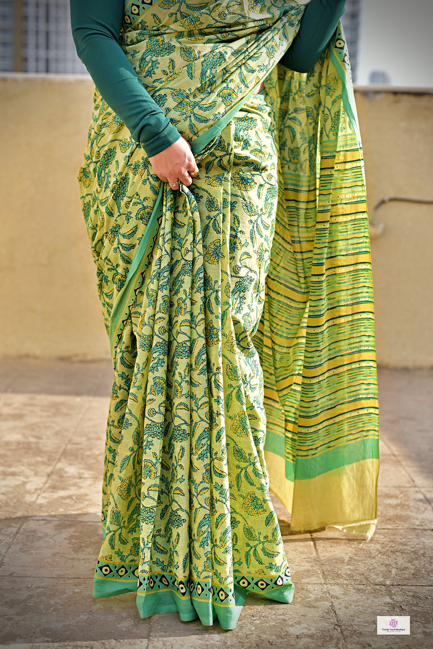 Green organic handblock print mul cotton saree ajrakh vanaspati natural dye floral print best summer fabric office and daily wear saree 