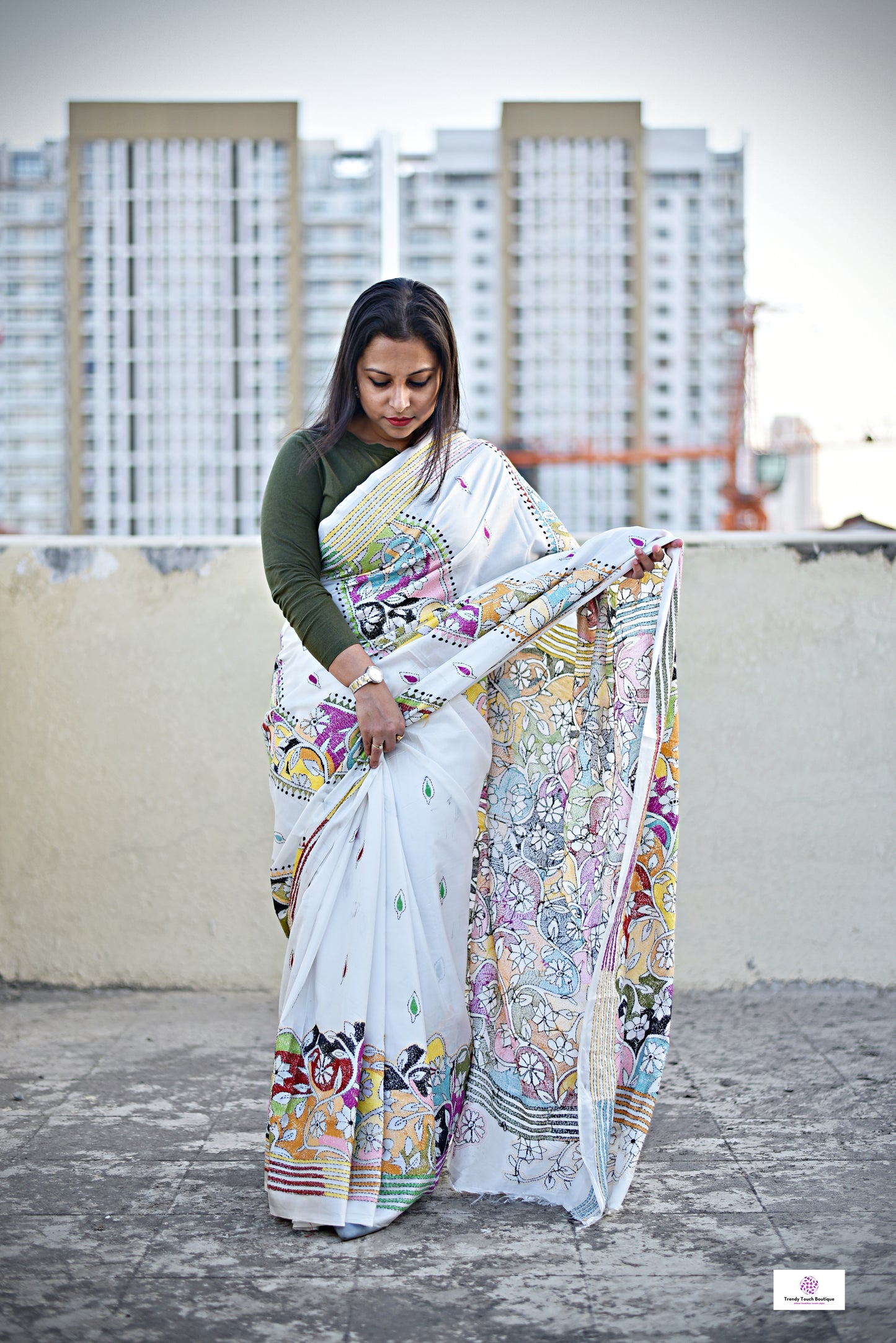 kantha stitch designer blended bangalore silk saree in offwhite and multicolored thread work in intricate floral design with blouse piece and lightweight, soft, breathable for weddings, anniversary, special function, office events with blouse piece best price