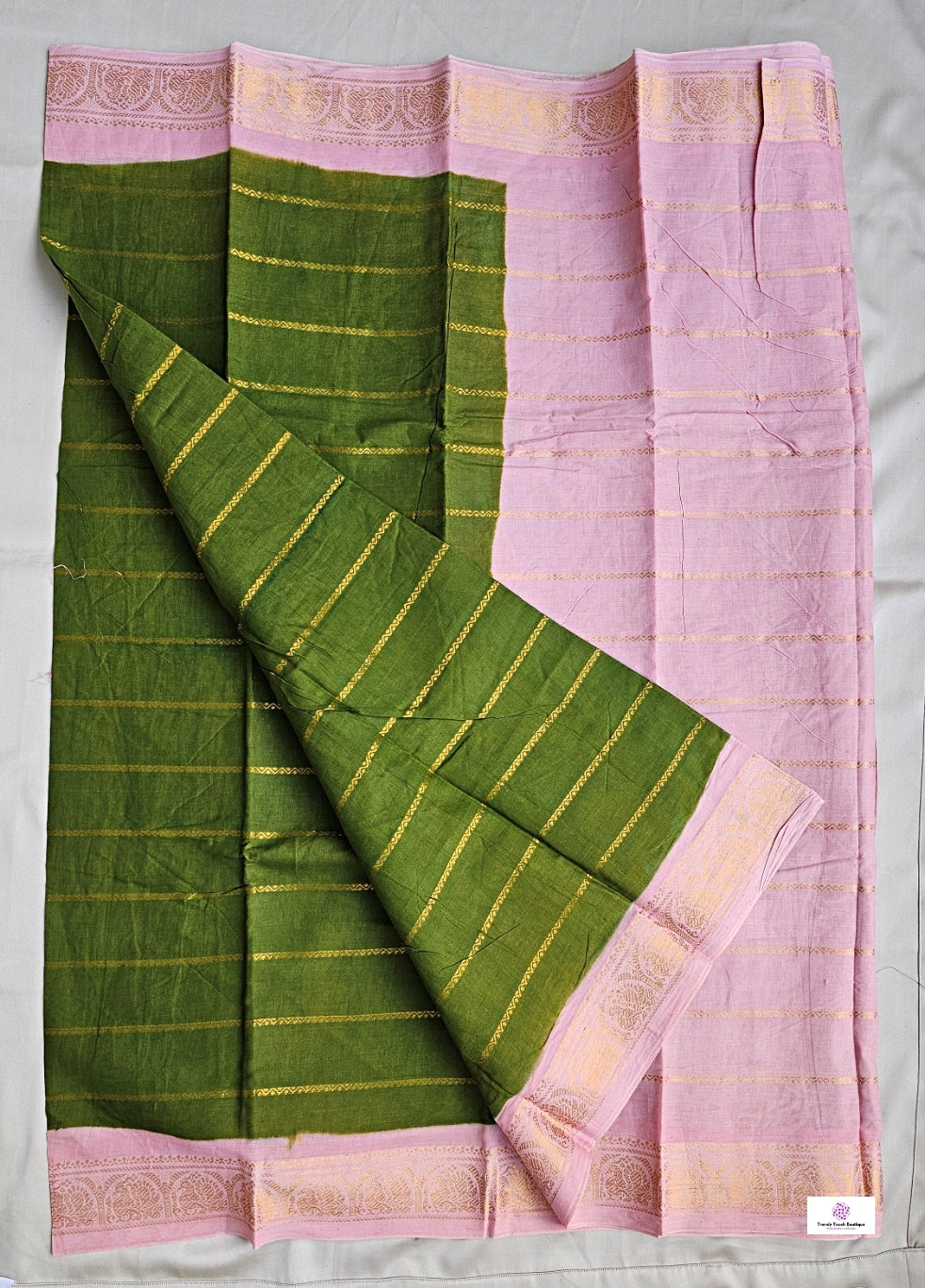 OLIVE - MADURAI SUNGUDI COTTON SAREE (OLIVE GREEN & PINK)