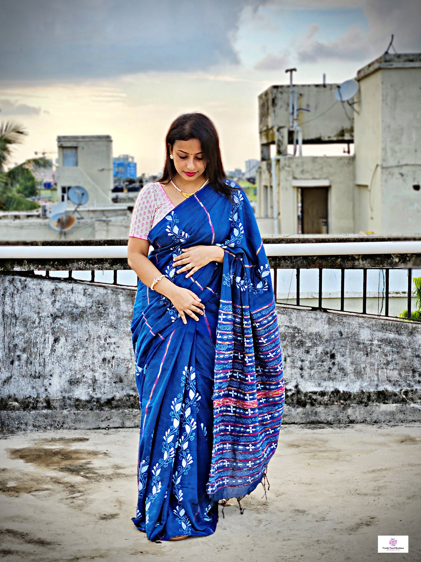 Kantha Handembroidered khesh khadi handloom cotton saree in blue and white color best summer fabric best price with blouse piece office wear and summer casual styling