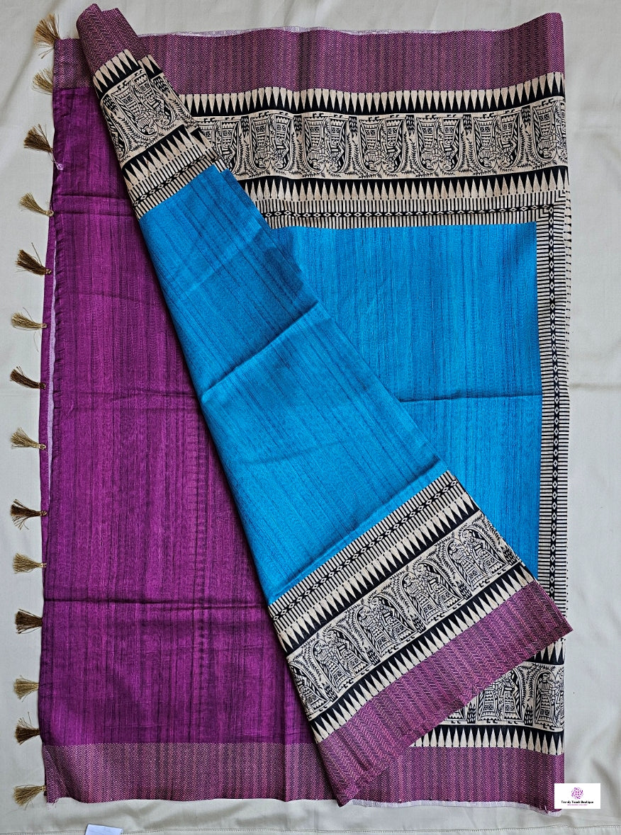 NEELI - MADHUBANI & BISHNUPURI PRINT - SEMI TUSSAR SILK SAREE (BLUE & PURPLE)