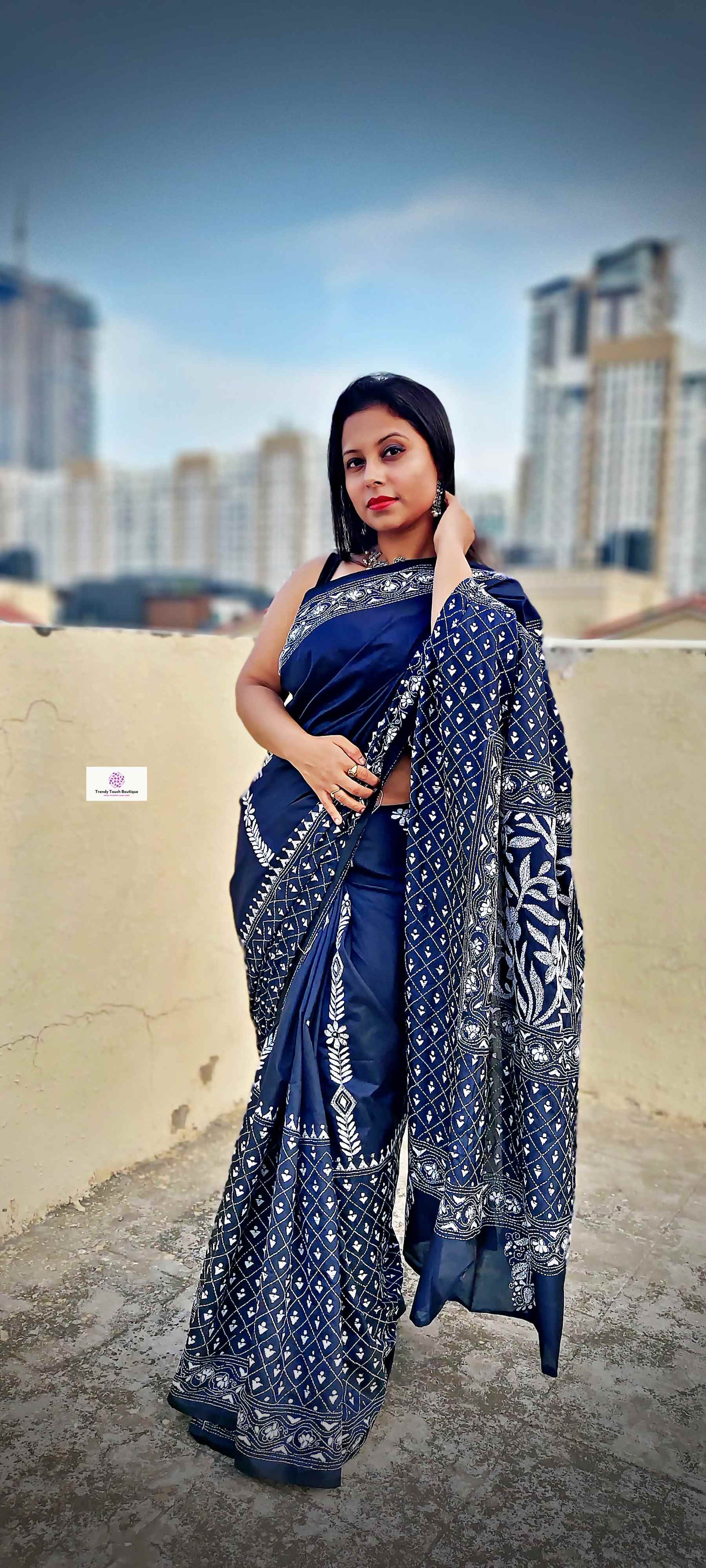 Kantha Stitch Work hand embroidered Midnight Blue Designer Soft Blended Bangalore Silk Saree best price new design festive fashion wedding party wear marriage function special occasion with blouse piece