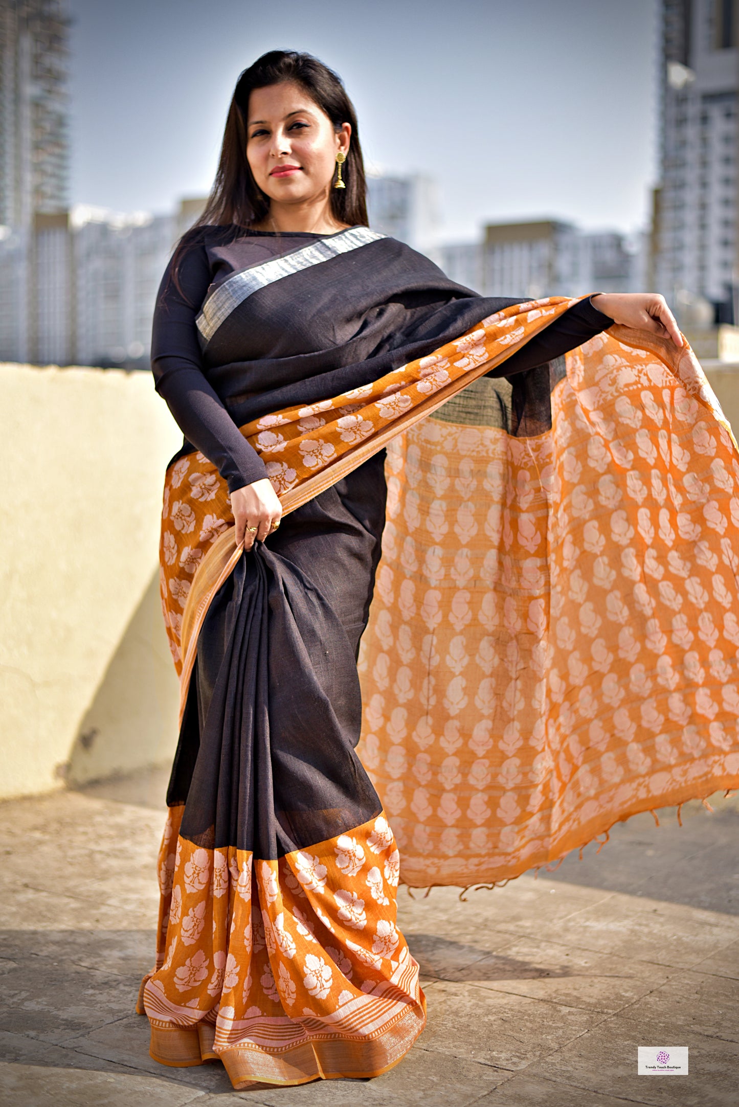 Orange Black Handblock print linen saree organic dye best summer fabric best price casual and formal saree 