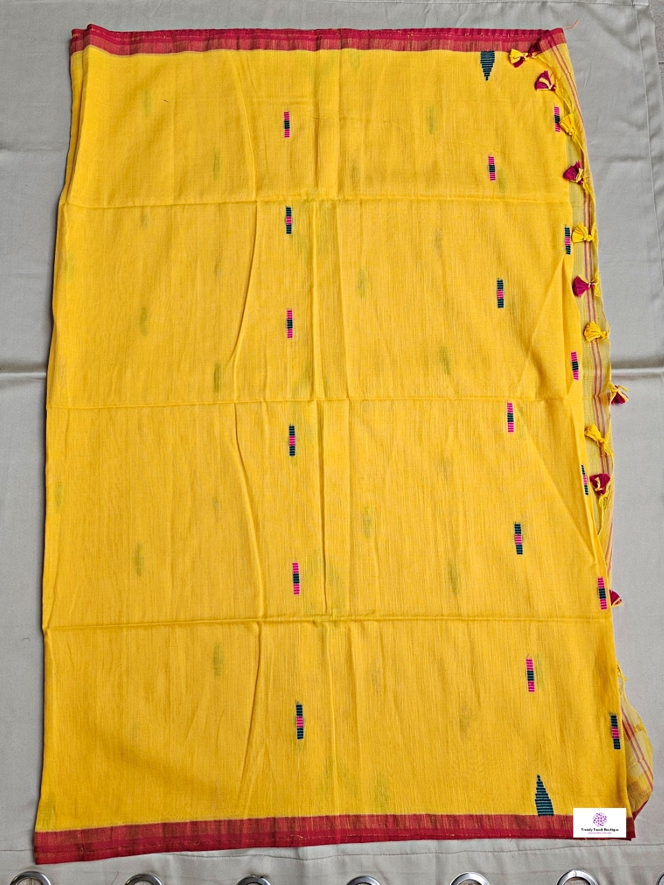 BASANT (PINK TASSELS) BENGAL COTTON HANDLOOM SAREE (YELLOW)