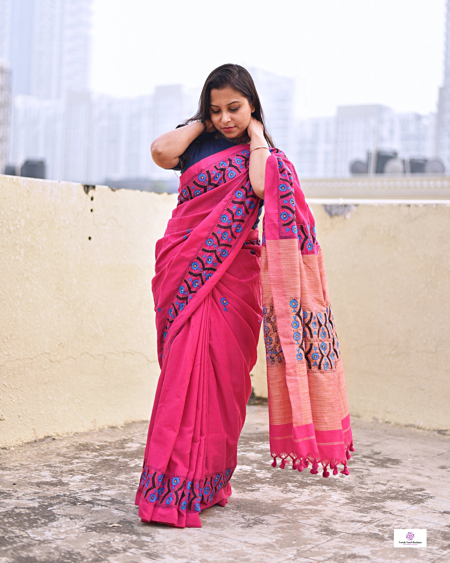 Kantha handembroidered designer cotton handloom saree pink with blue black thread office wear and casual outing special events with blouse piece best price