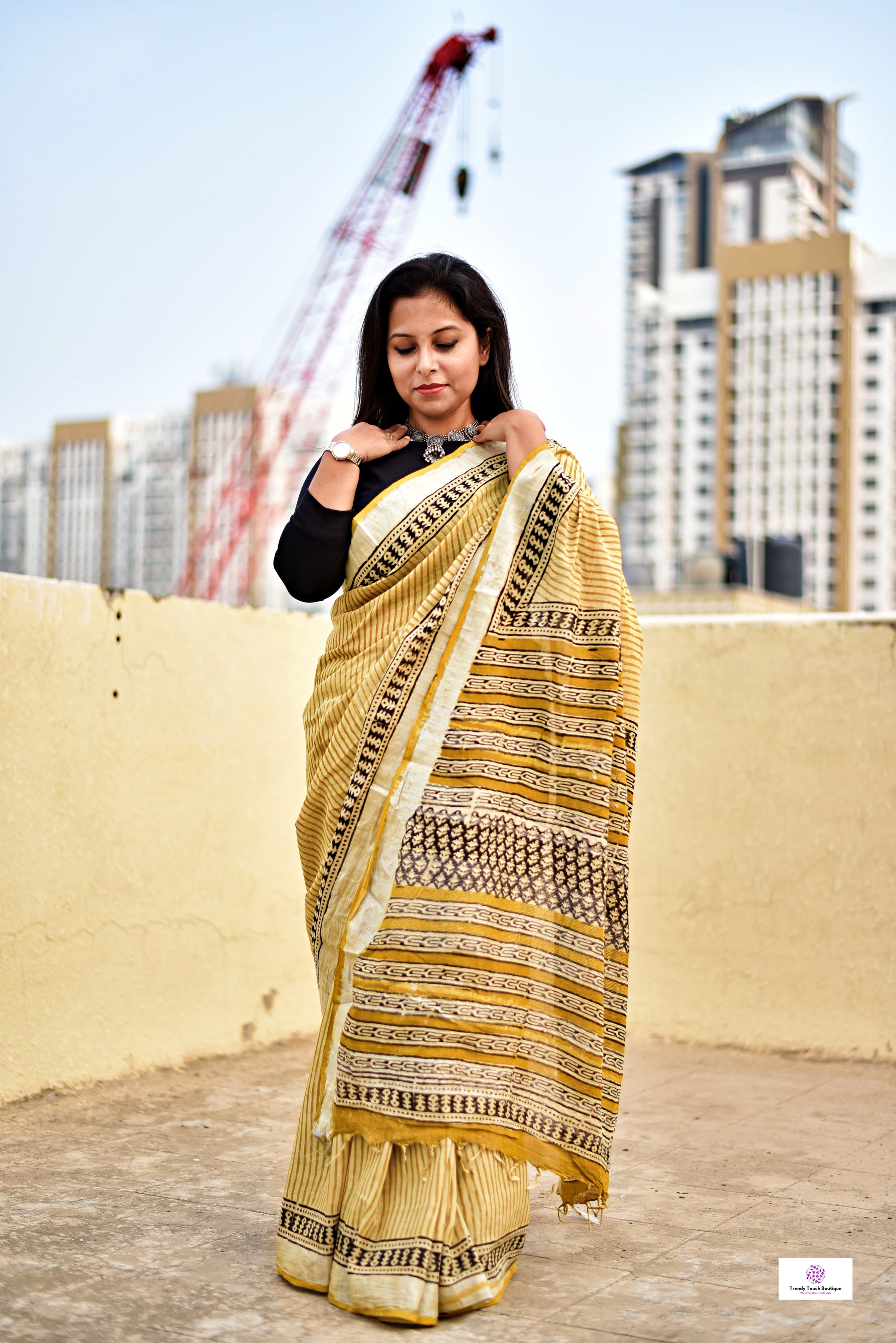 yellow black stripe handblockprint natural dye linen cotton saree best summer fabric best price with blouse piece