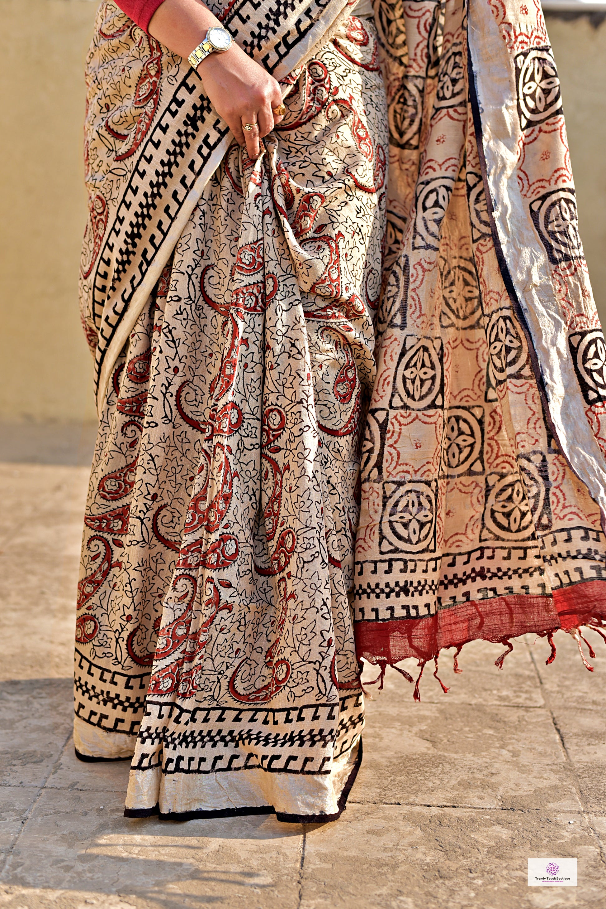 Beige Maroon Black Organic Handblock print in natural dye linen saree office and casual styling best price best summer fabric with blouse piece